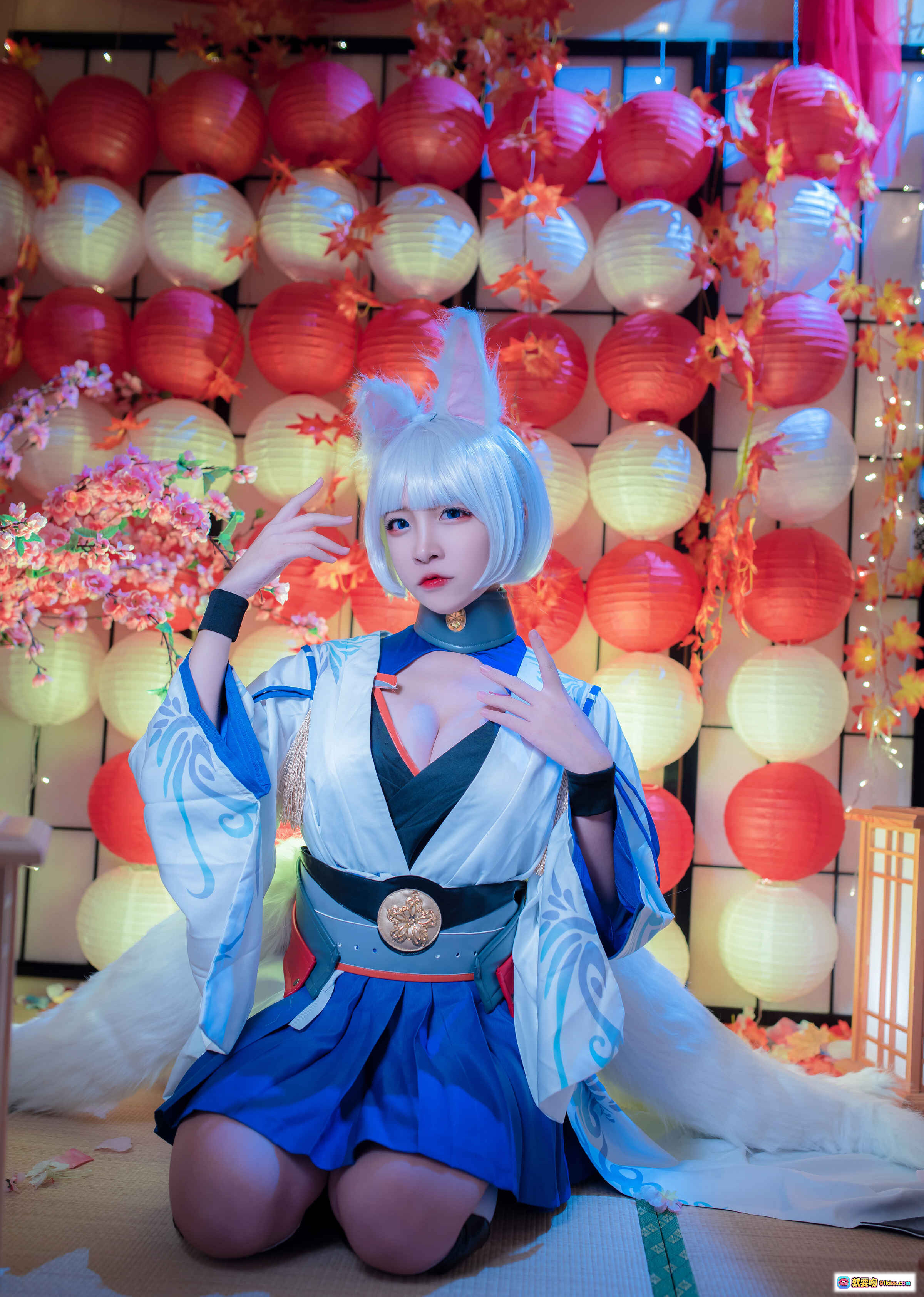图片[3] - 二佐Nisa NO.067 碧蓝航线 加贺 Cosplay 美腿 白丝 蓝裙 和风面具 坐姿写真 40P 252MB - 就要吻