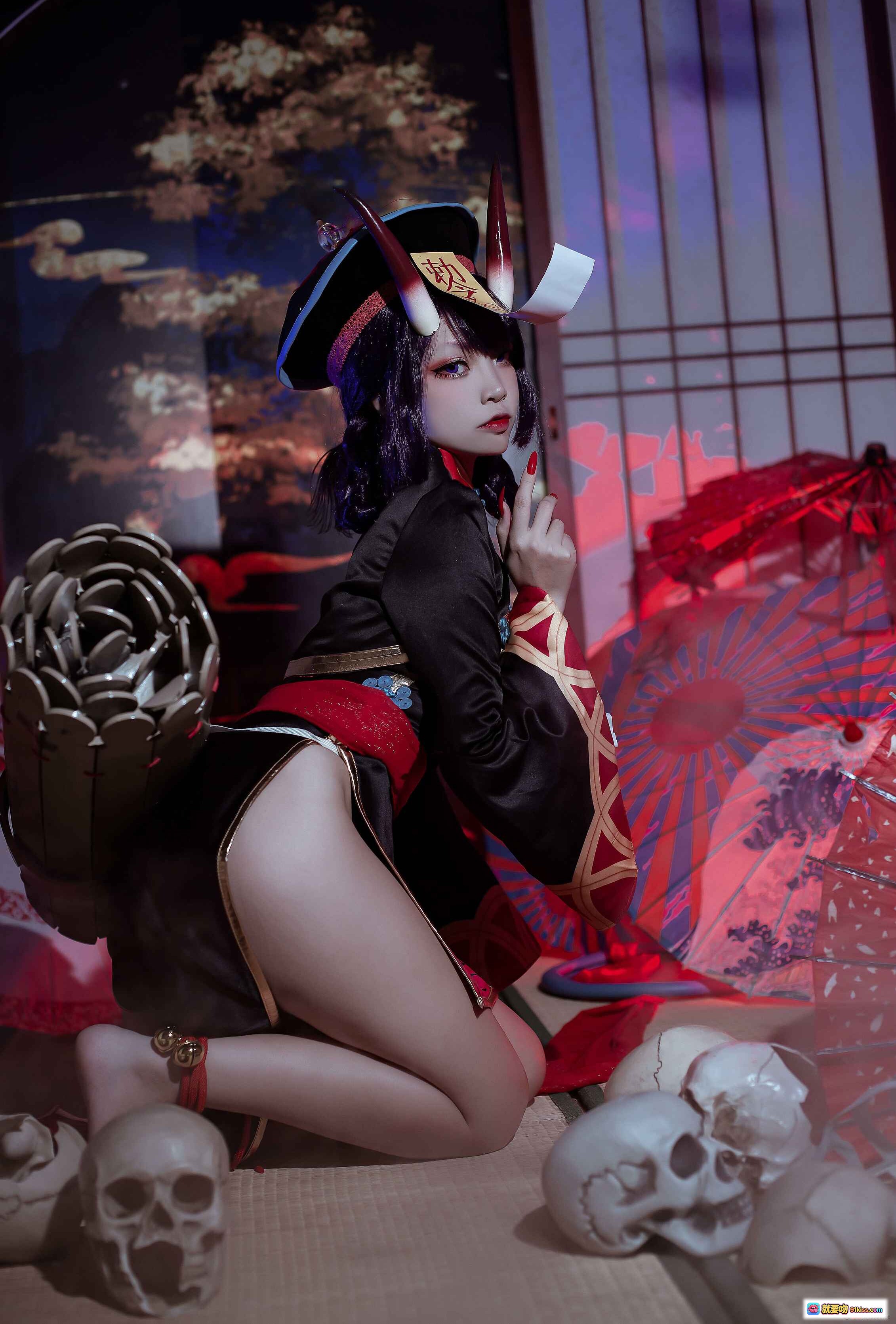 图片[6] - 二佐Nisa酒吞僵尸童子Cosplay写真｜日式和风暗黑系造型｜红伞骷髅场景｜精致妆容与服饰细节｜21P高清图集 - 就要吻