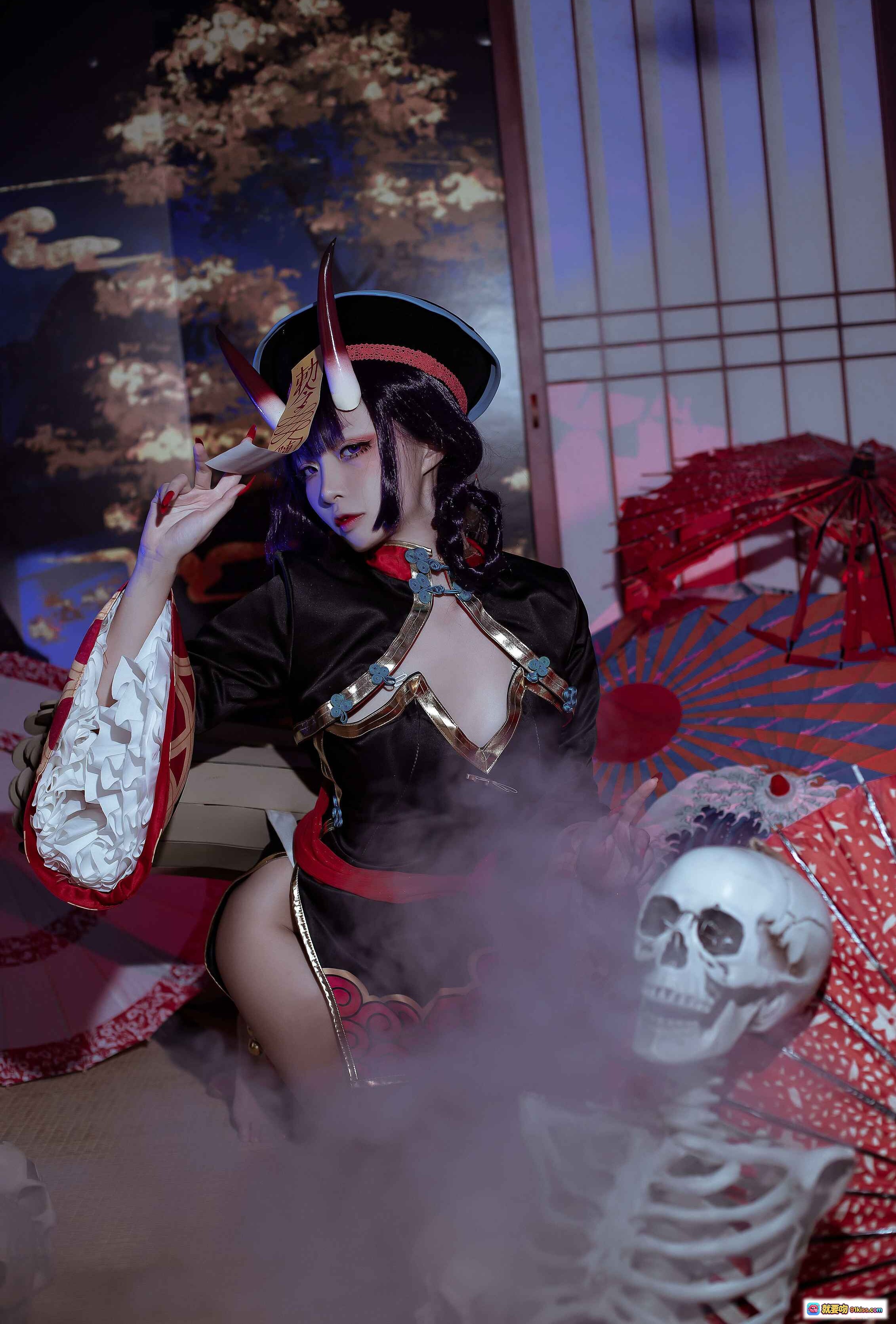 图片[7] - 二佐Nisa酒吞僵尸童子Cosplay写真｜日式和风暗黑系造型｜红伞骷髅场景｜精致妆容与服饰细节｜21P高清图集 - 就要吻