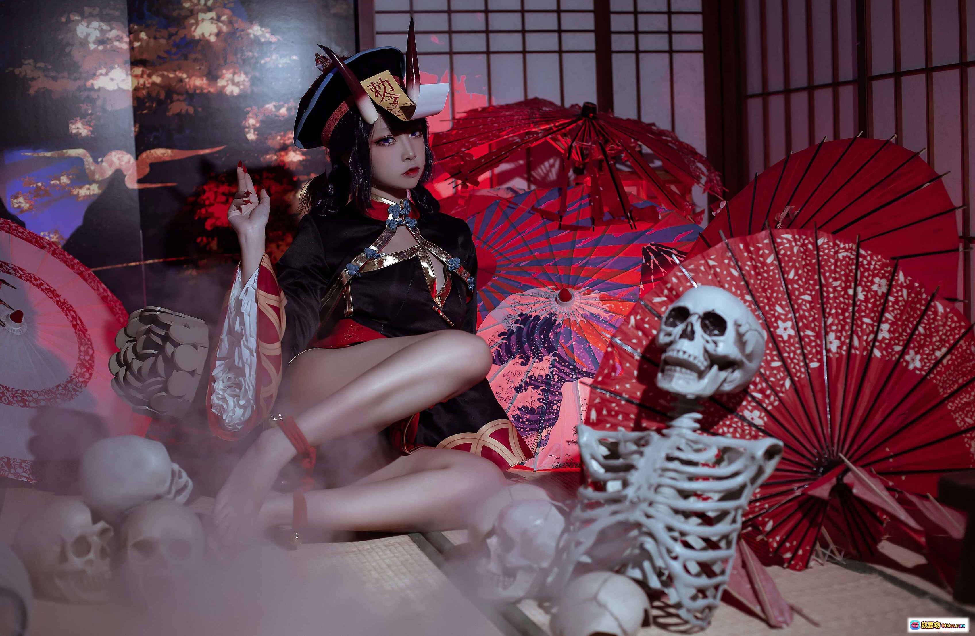 图片[8] - 二佐Nisa酒吞僵尸童子Cosplay写真｜日式和风暗黑系造型｜红伞骷髅场景｜精致妆容与服饰细节｜21P高清图集 - 就要吻