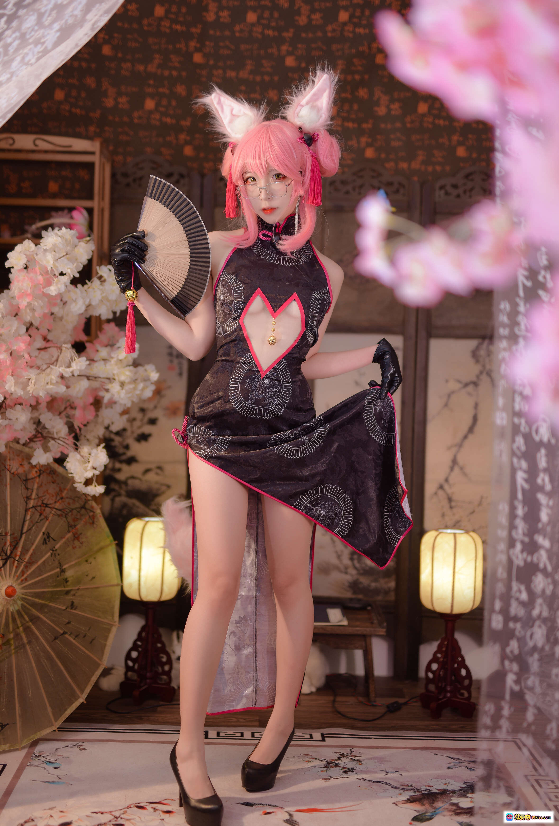 图片[6] - 二佐Nisa NO.025 Fate旗袍狐Cosplay 粉发美腿黑高跟 古风和室写真 28P高清图集 - 就要吻