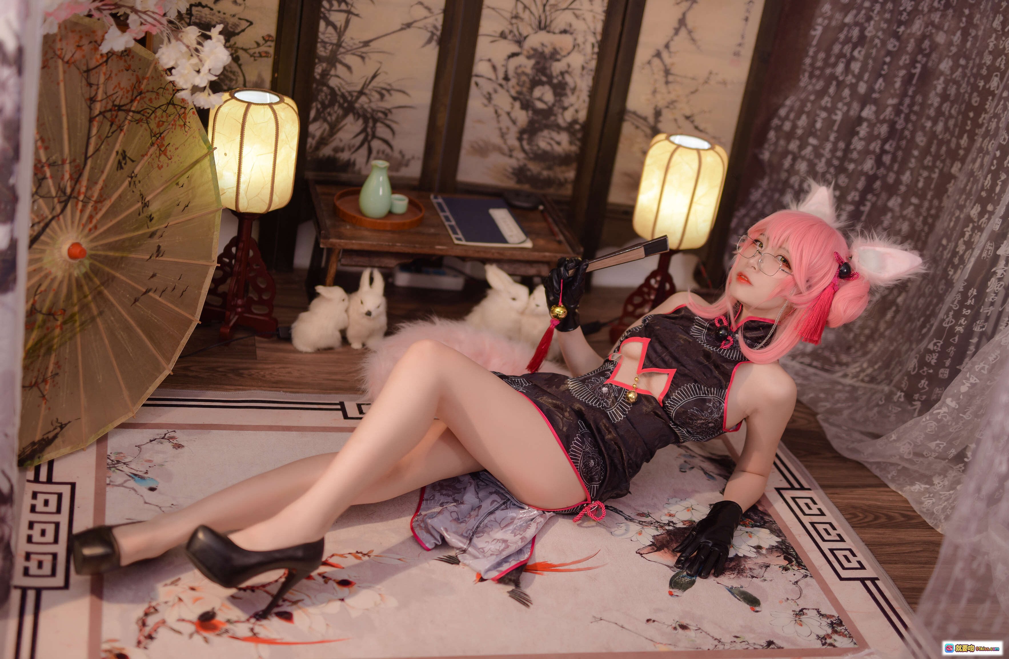 图片[5] - 二佐Nisa NO.025 Fate旗袍狐Cosplay 粉发美腿黑高跟 古风和室写真 28P高清图集 - 就要吻