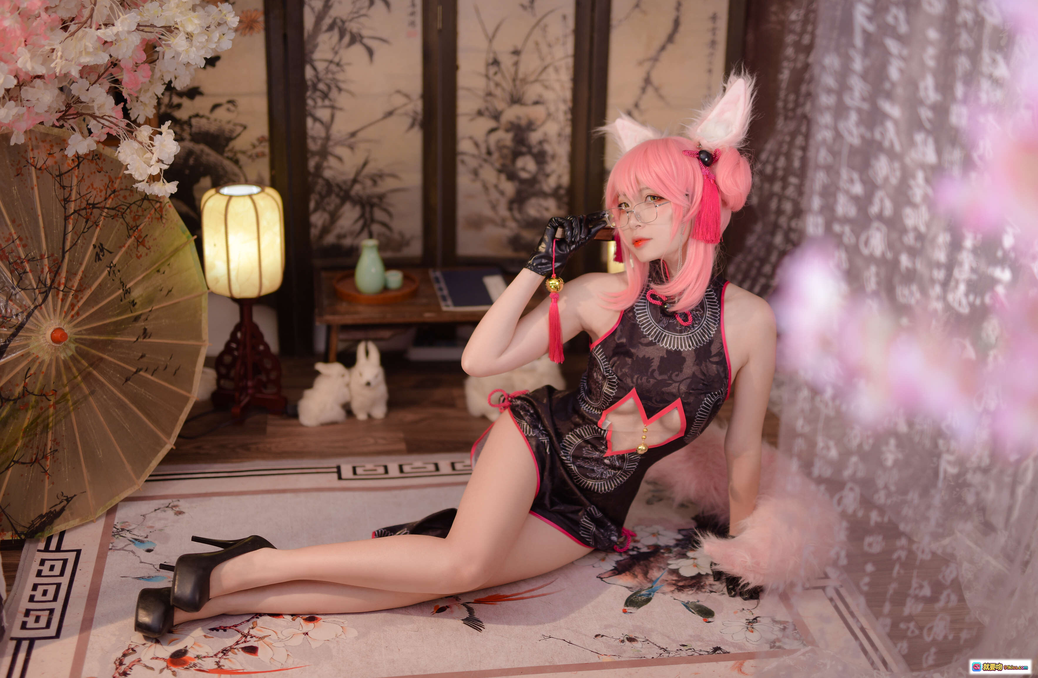 图片[4] - 二佐Nisa NO.025 Fate旗袍狐Cosplay 粉发美腿黑高跟 古风和室写真 28P高清图集 - 就要吻