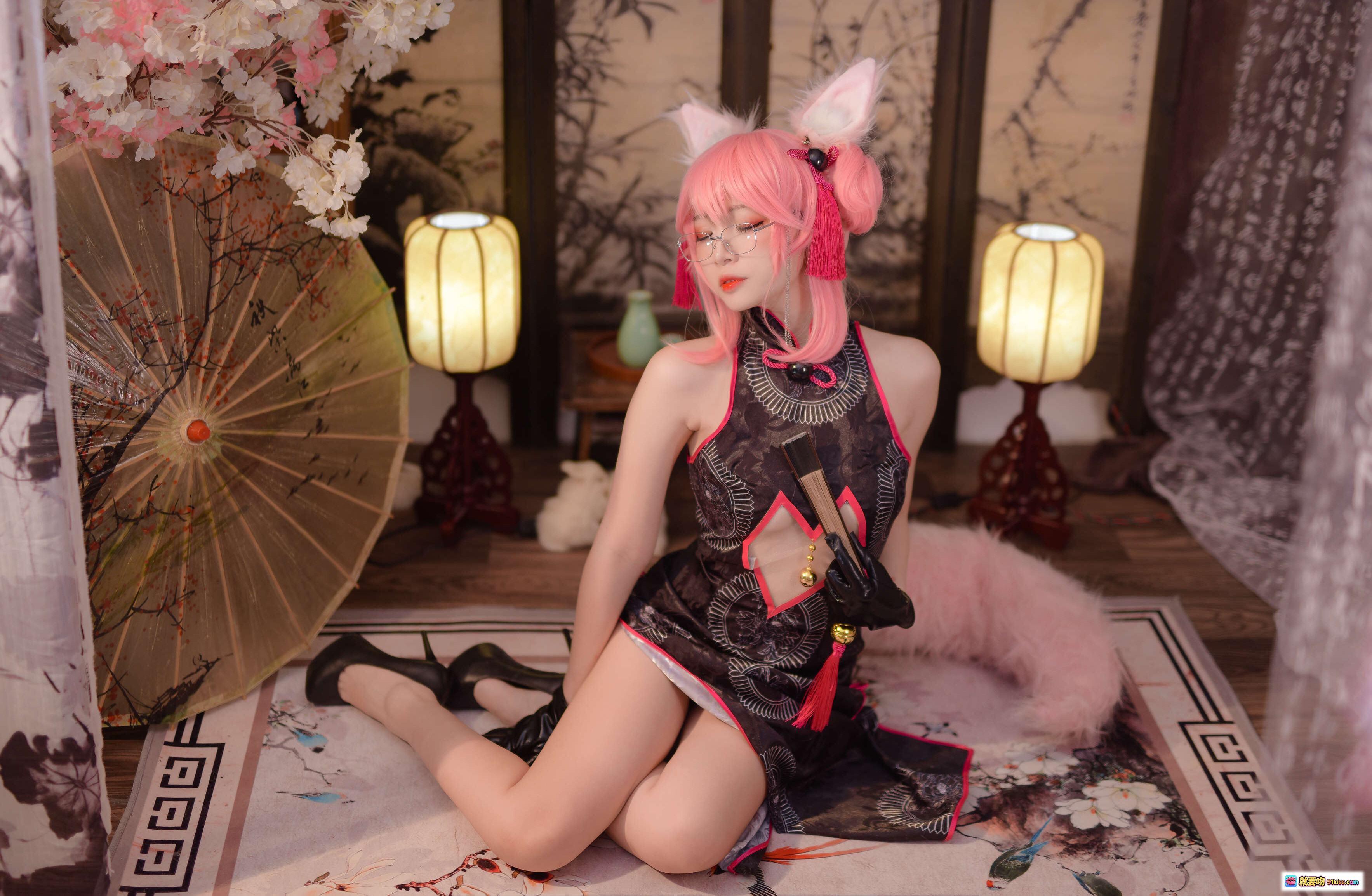 图片[7] - 二佐Nisa NO.025 Fate旗袍狐Cosplay 粉发美腿黑高跟 古风和室写真 28P高清图集 - 就要吻