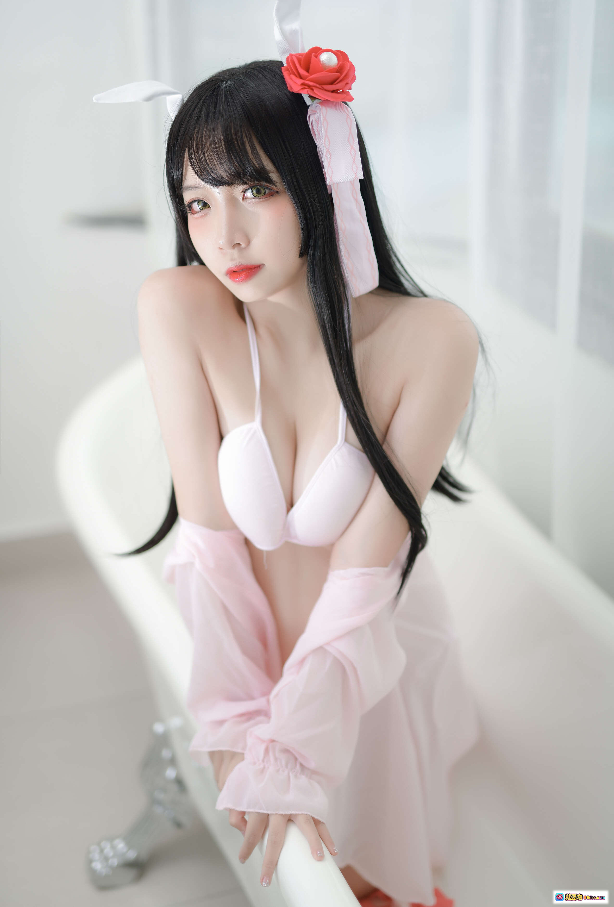 图片[4] - 二佐Nisa NO.028 比叡睡衣写真 48P高清美图 白色比基尼+粉色薄纱 浴缸场景 黑发红玫瑰发饰 甜美性感Cosplay - 就要吻