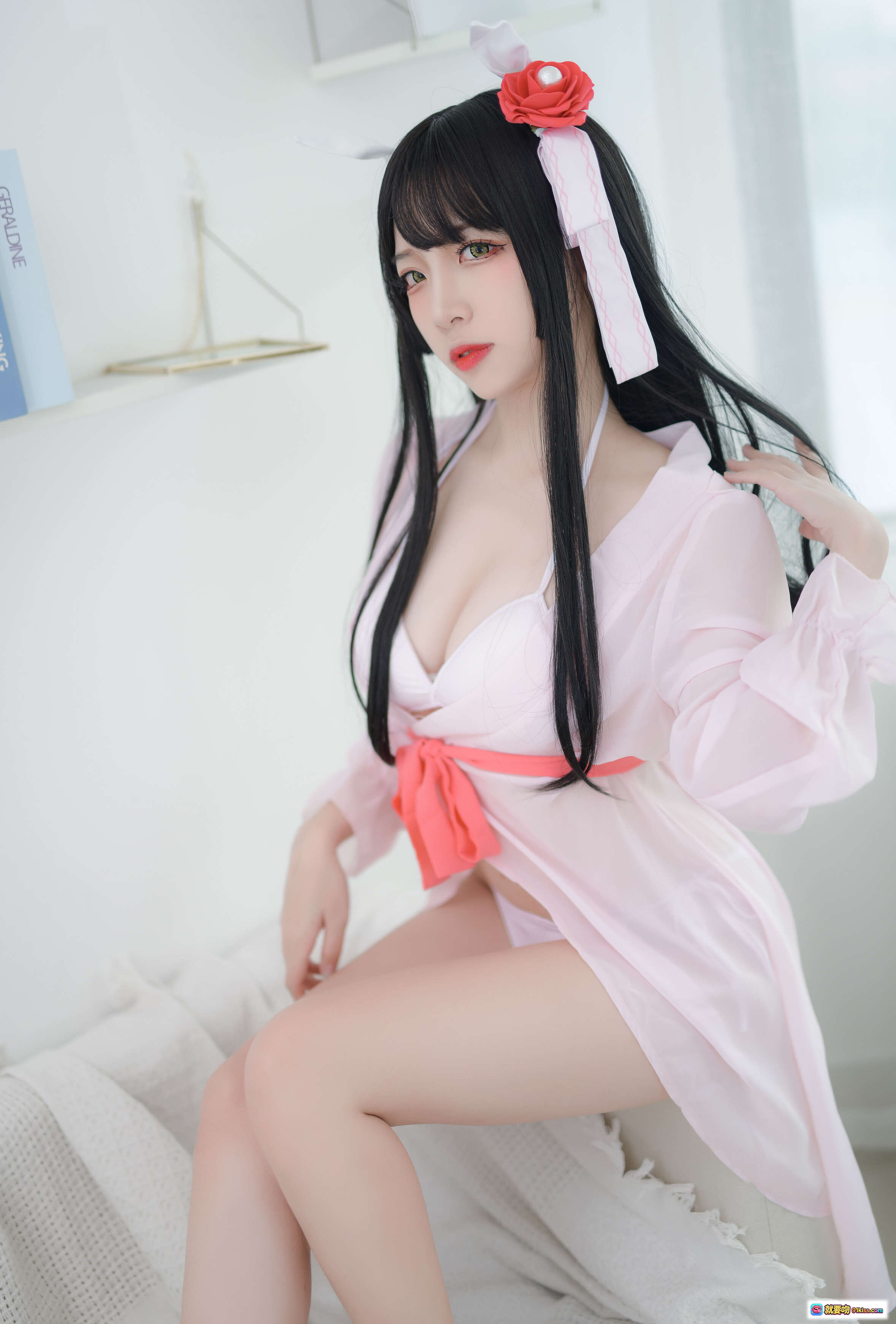 图片[6] - 二佐Nisa NO.028 比叡睡衣写真 48P高清美图 白色比基尼+粉色薄纱 浴缸场景 黑发红玫瑰发饰 甜美性感Cosplay - 就要吻