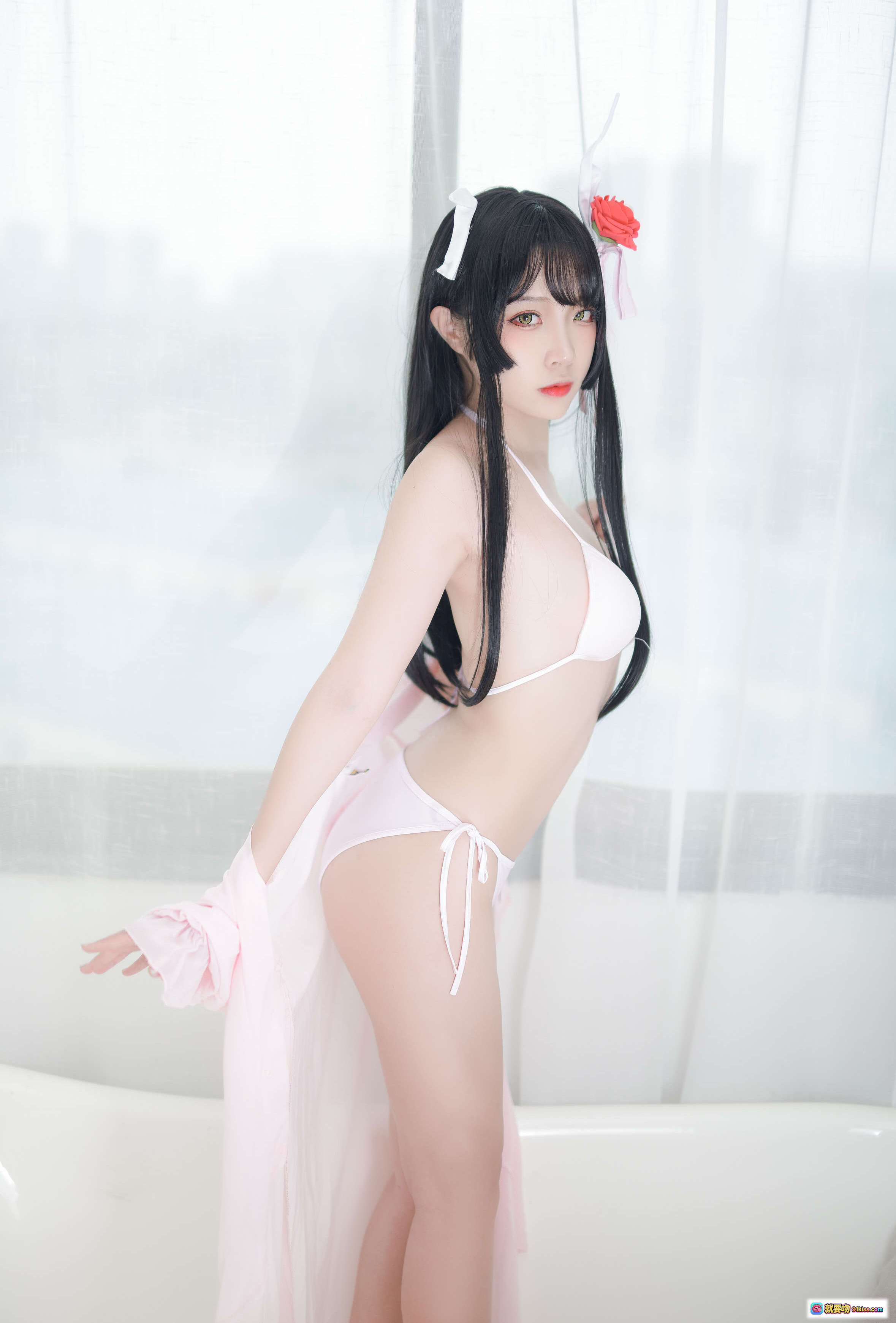 图片[1] - 二佐Nisa NO.028 比叡睡衣写真 48P高清美图 白色比基尼+粉色薄纱 浴缸场景 黑发红玫瑰发饰 甜美性感Cosplay - 就要吻