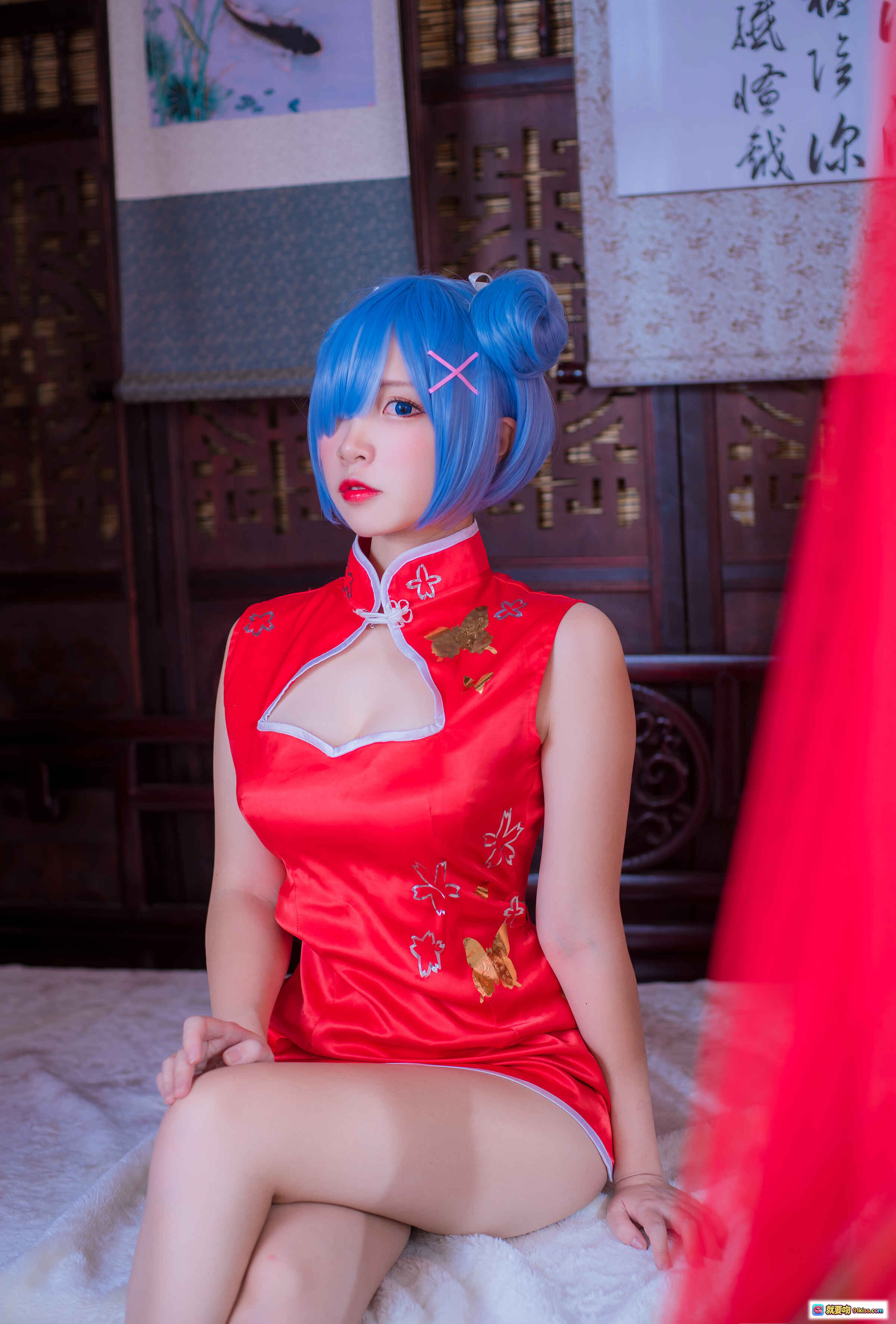 图片[6] - 二佐Nisa NO.040 蕾姆旗袍cosplay 红色改良旗袍蓝发双马尾古风写真30P高清图集 - 就要吻