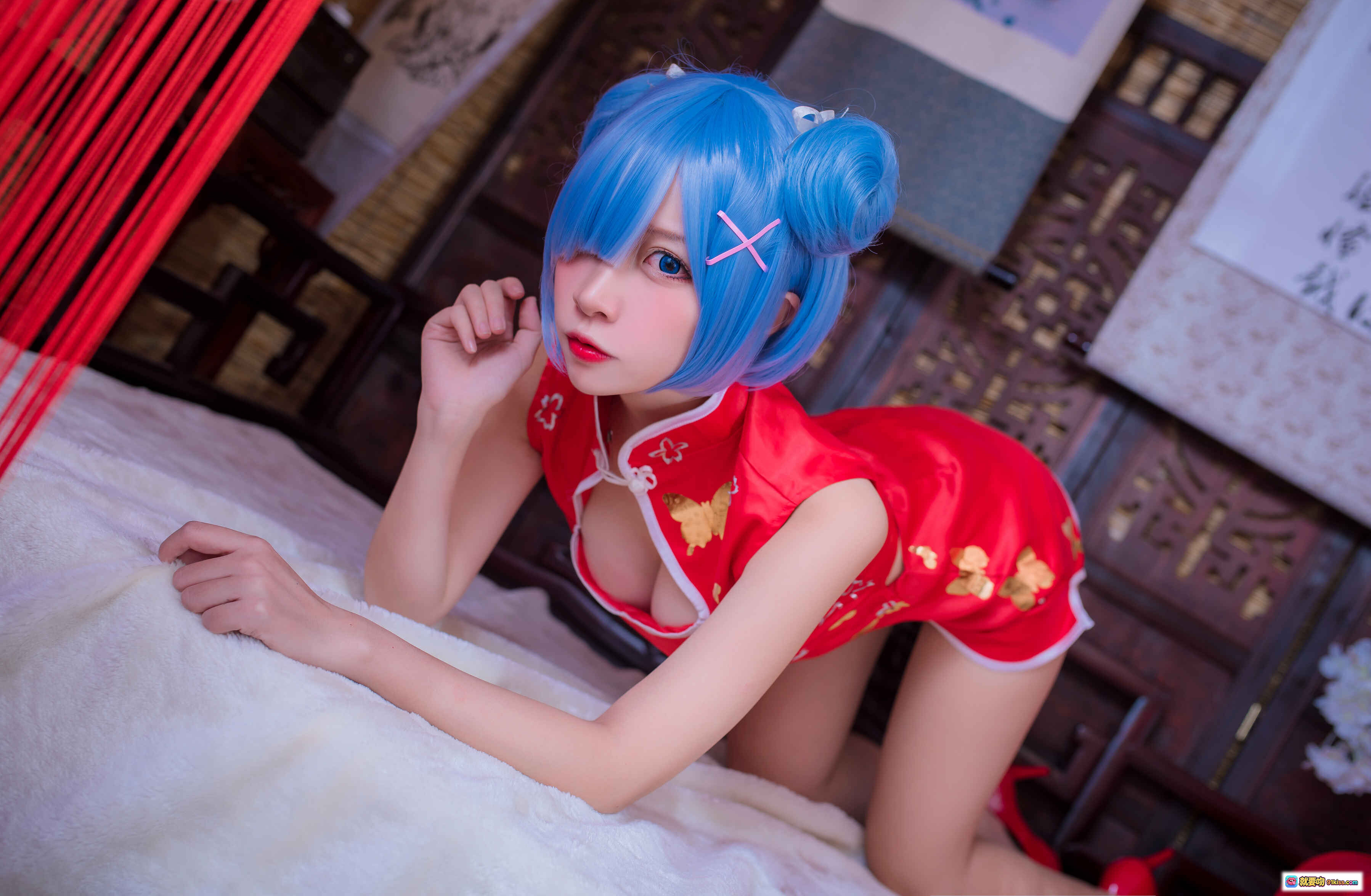 图片[2] - 二佐Nisa NO.040 蕾姆旗袍cosplay 红色改良旗袍蓝发双马尾古风写真30P高清图集 - 就要吻
