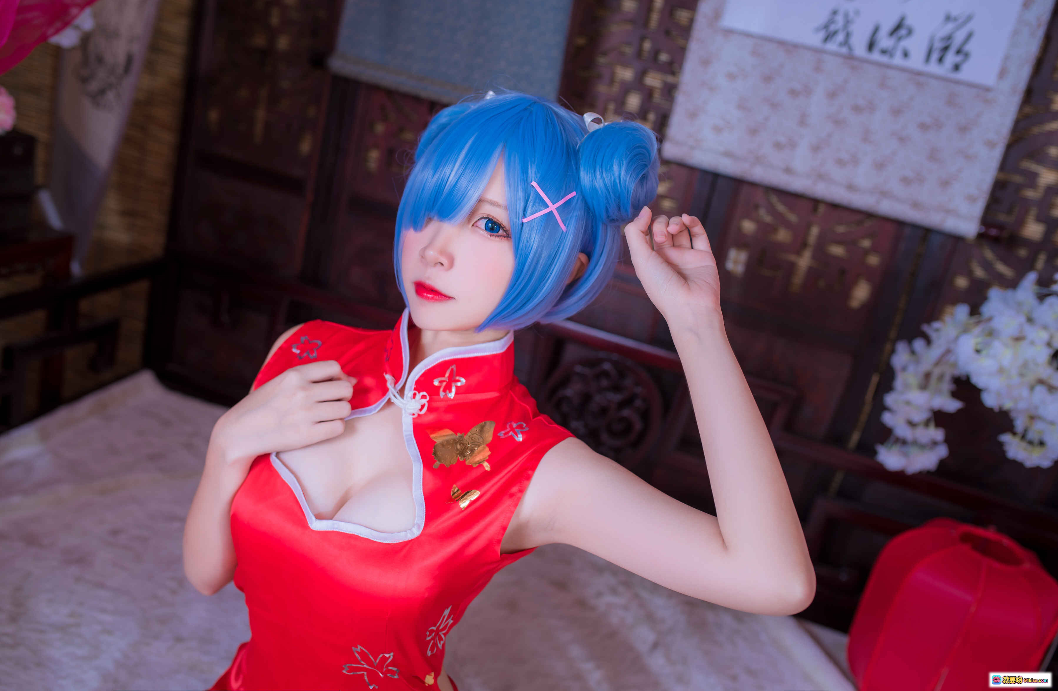 图片[8] - 二佐Nisa NO.040 蕾姆旗袍cosplay 红色改良旗袍蓝发双马尾古风写真30P高清图集 - 就要吻