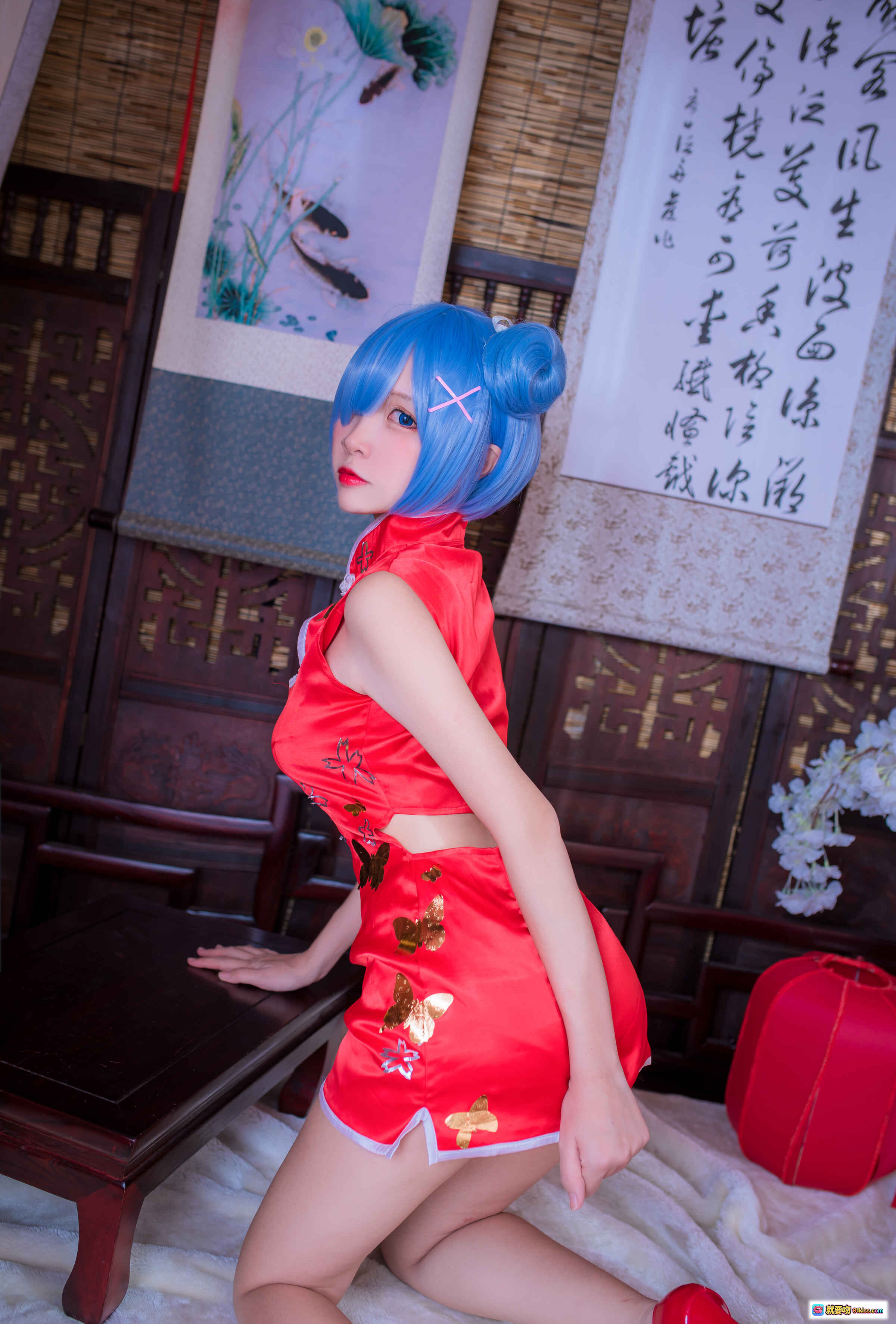 图片[10] - 二佐Nisa NO.040 蕾姆旗袍cosplay 红色改良旗袍蓝发双马尾古风写真30P高清图集 - 就要吻