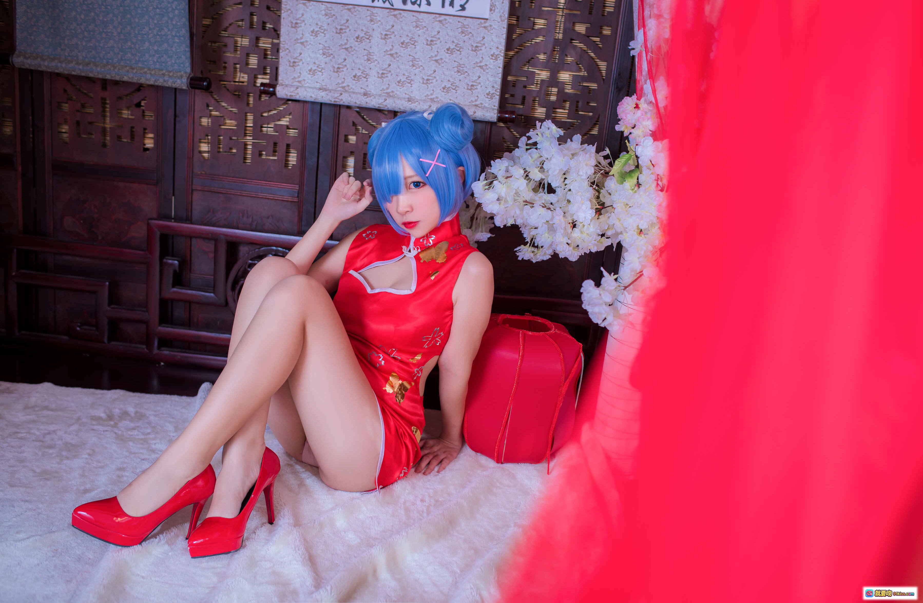图片[3] - 二佐Nisa NO.040 蕾姆旗袍cosplay 红色改良旗袍蓝发双马尾古风写真30P高清图集 - 就要吻