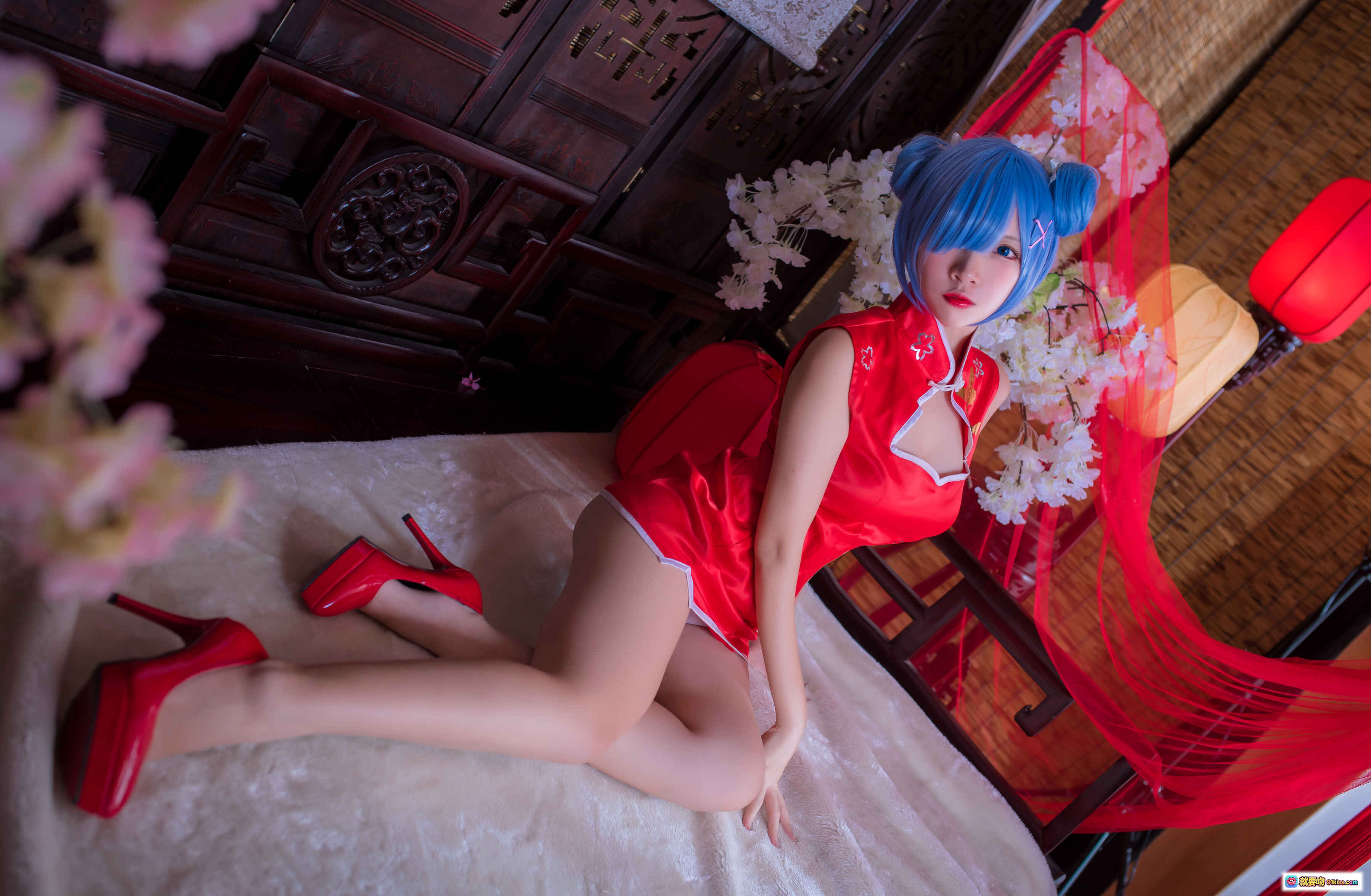 图片[9] - 二佐Nisa NO.040 蕾姆旗袍cosplay 红色改良旗袍蓝发双马尾古风写真30P高清图集 - 就要吻