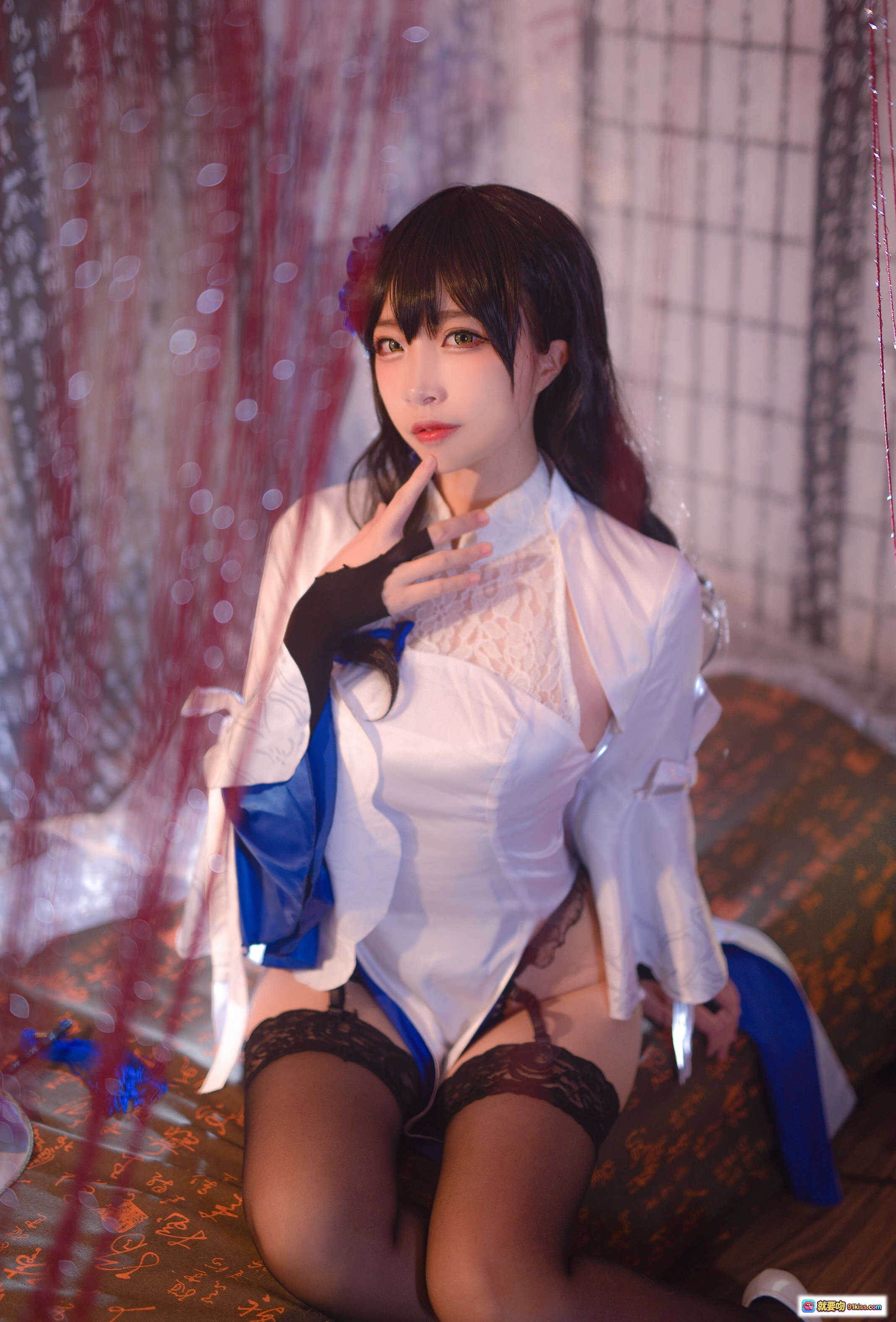 二佐Nisa NO.020 95式玉玲珑 Cosplay写真 白衬衫蕾丝内衣 黑丝吊袜带 性感日系少女风 室内私房摄影 19P高清图集 - 就要吻