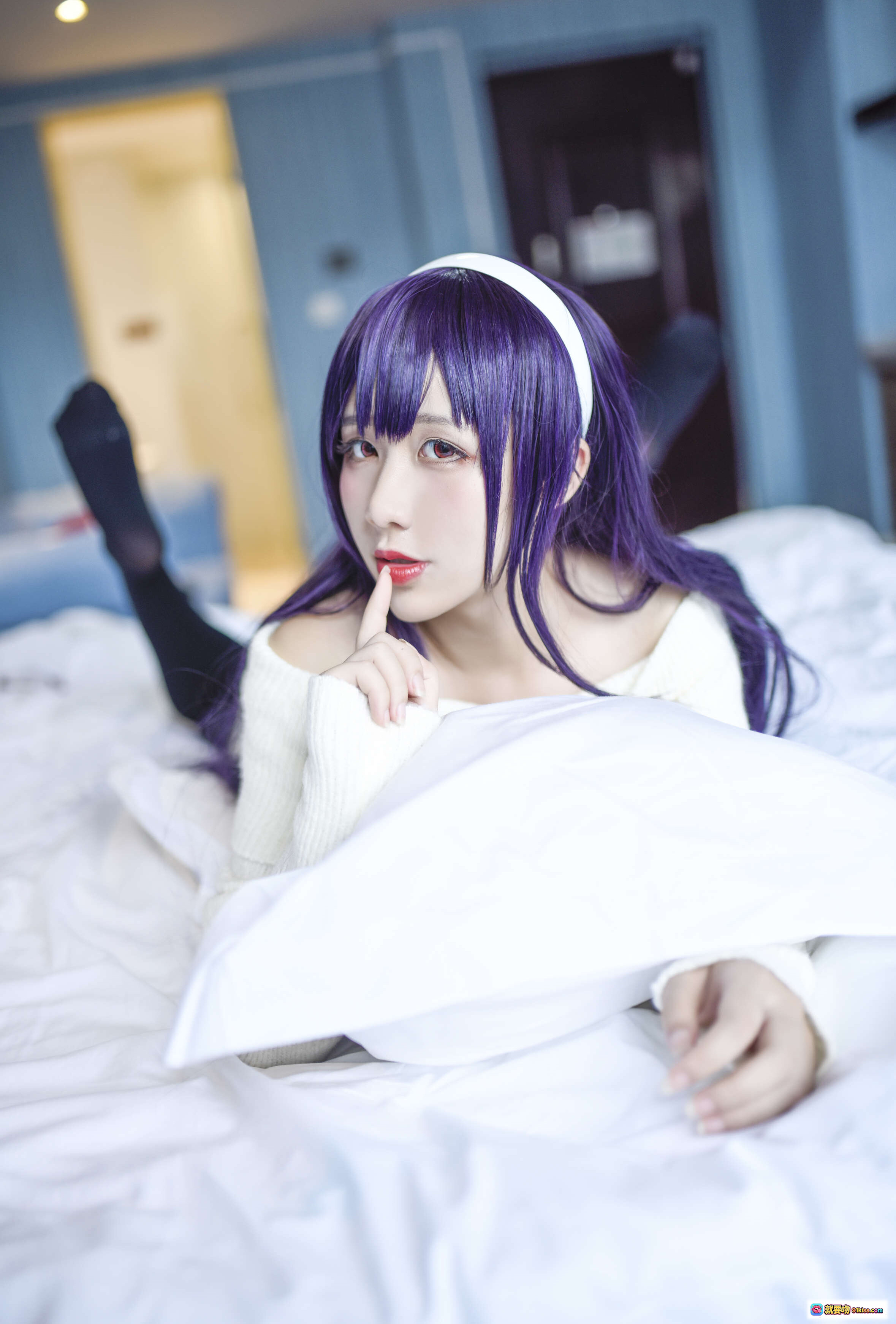 图片[9] - 九曲Jean NO.024 霞之丘诗羽居家常服写真 白毛衣黑丝紫发少女室内坐姿美图 45P高清摄影 - 就要吻