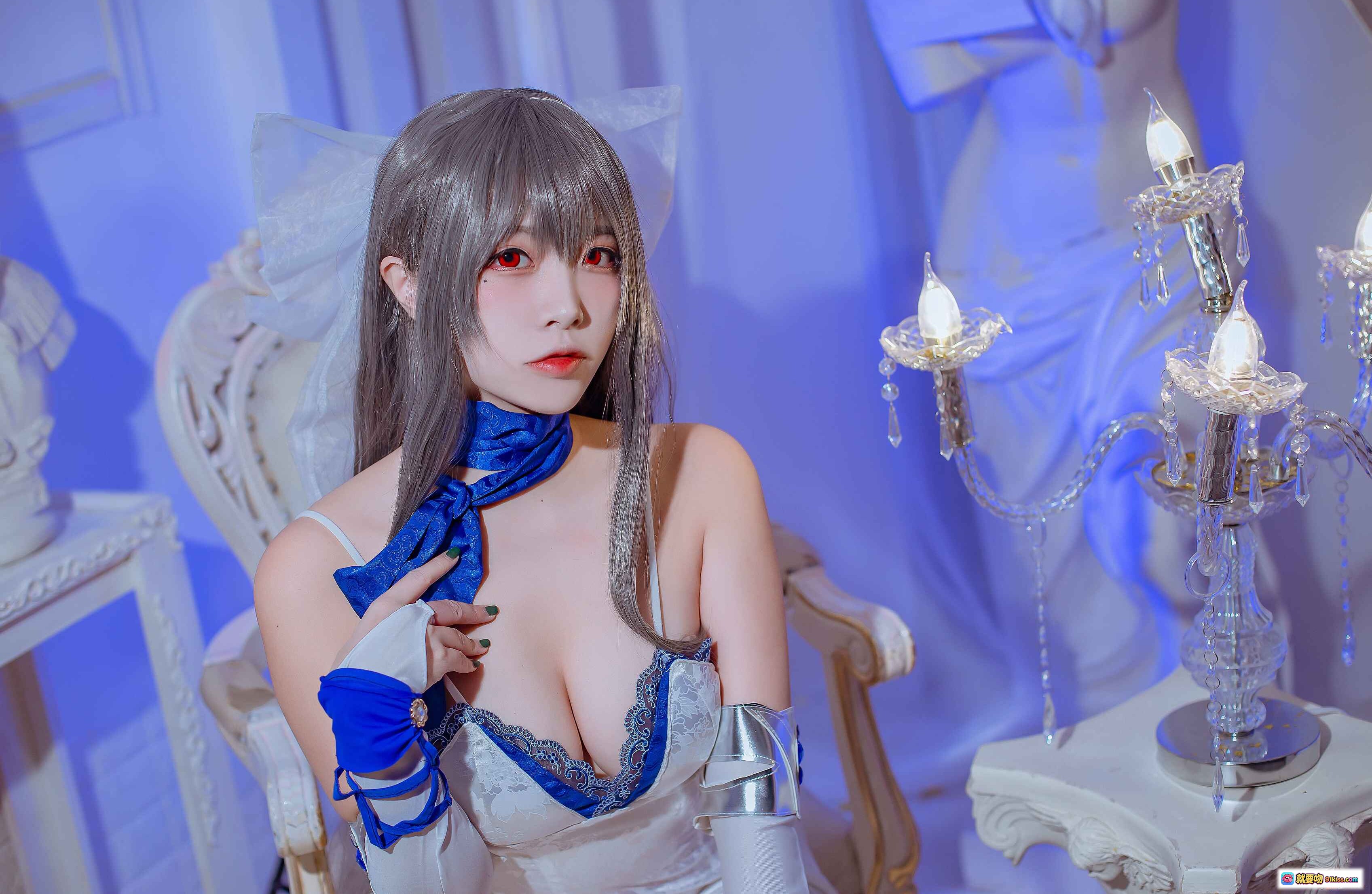 图片[8] - 二佐Nisa NO.102碧蓝航线路易九礼服Cosplay写真 白蓝蕾丝吊带袜优雅坐姿古典椅美腿特写 - 就要吻