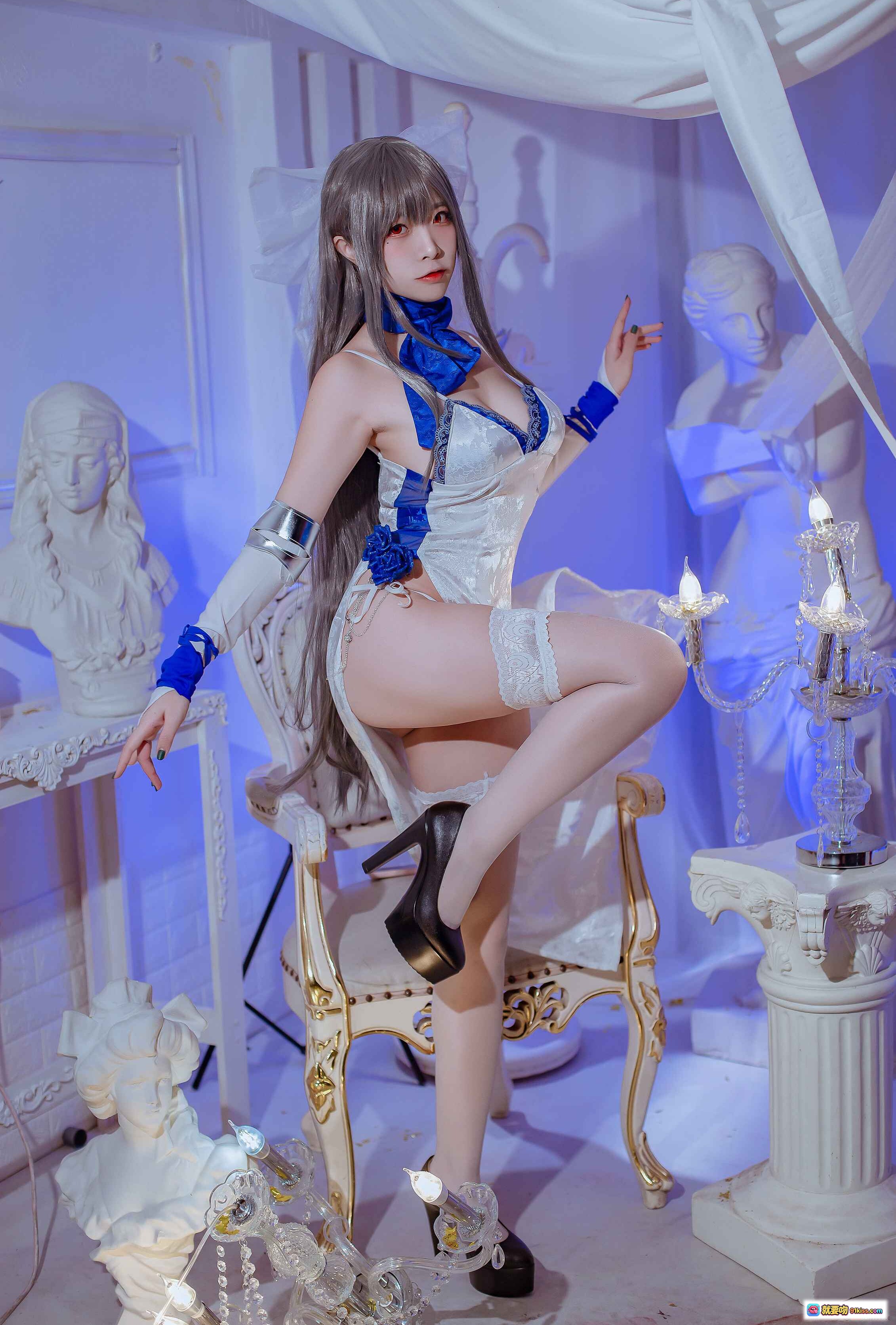 图片[6] - 二佐Nisa NO.102碧蓝航线路易九礼服Cosplay写真 白蓝蕾丝吊带袜优雅坐姿古典椅美腿特写 - 就要吻