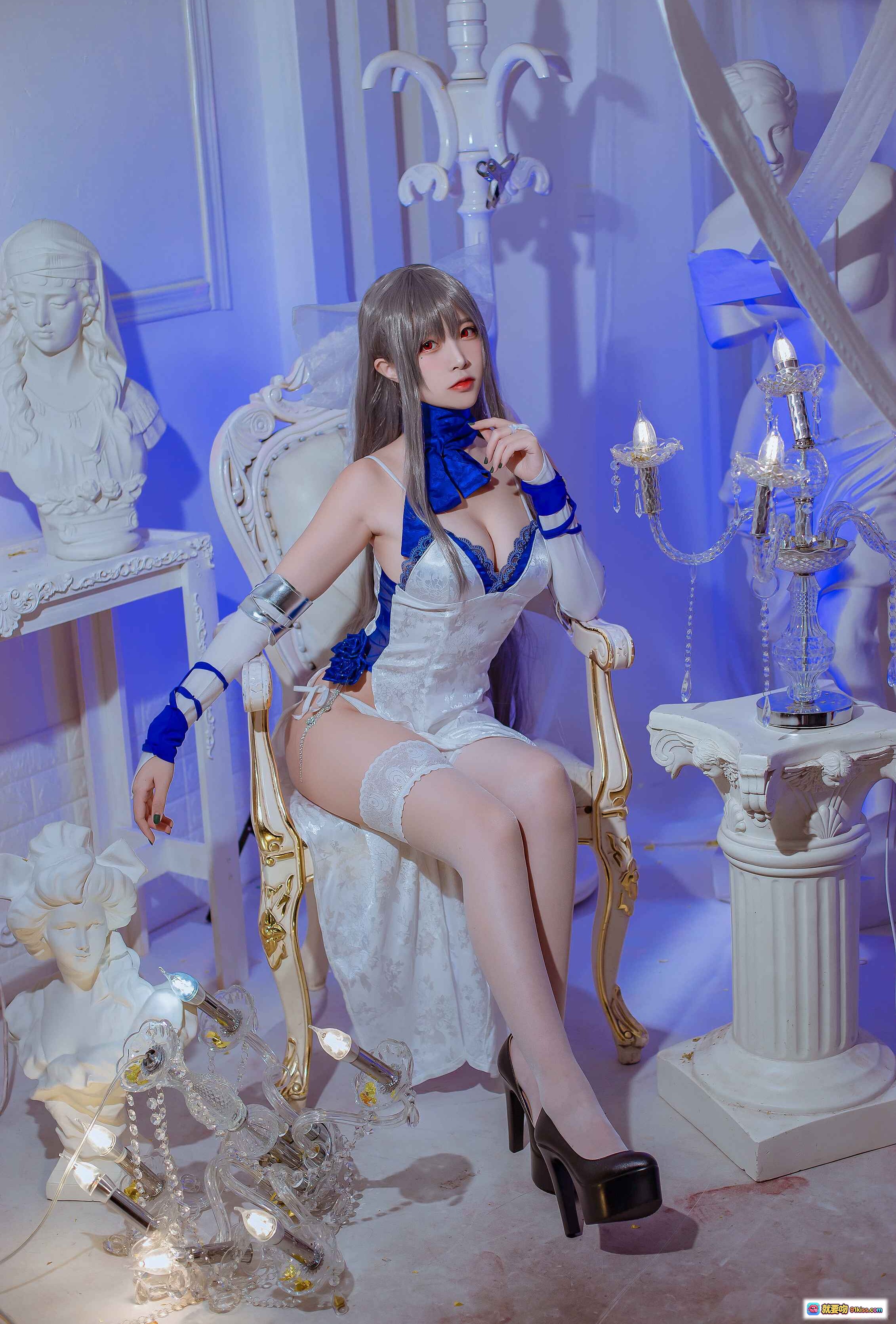 图片[7] - 二佐Nisa NO.102碧蓝航线路易九礼服Cosplay写真 白蓝蕾丝吊带袜优雅坐姿古典椅美腿特写 - 就要吻