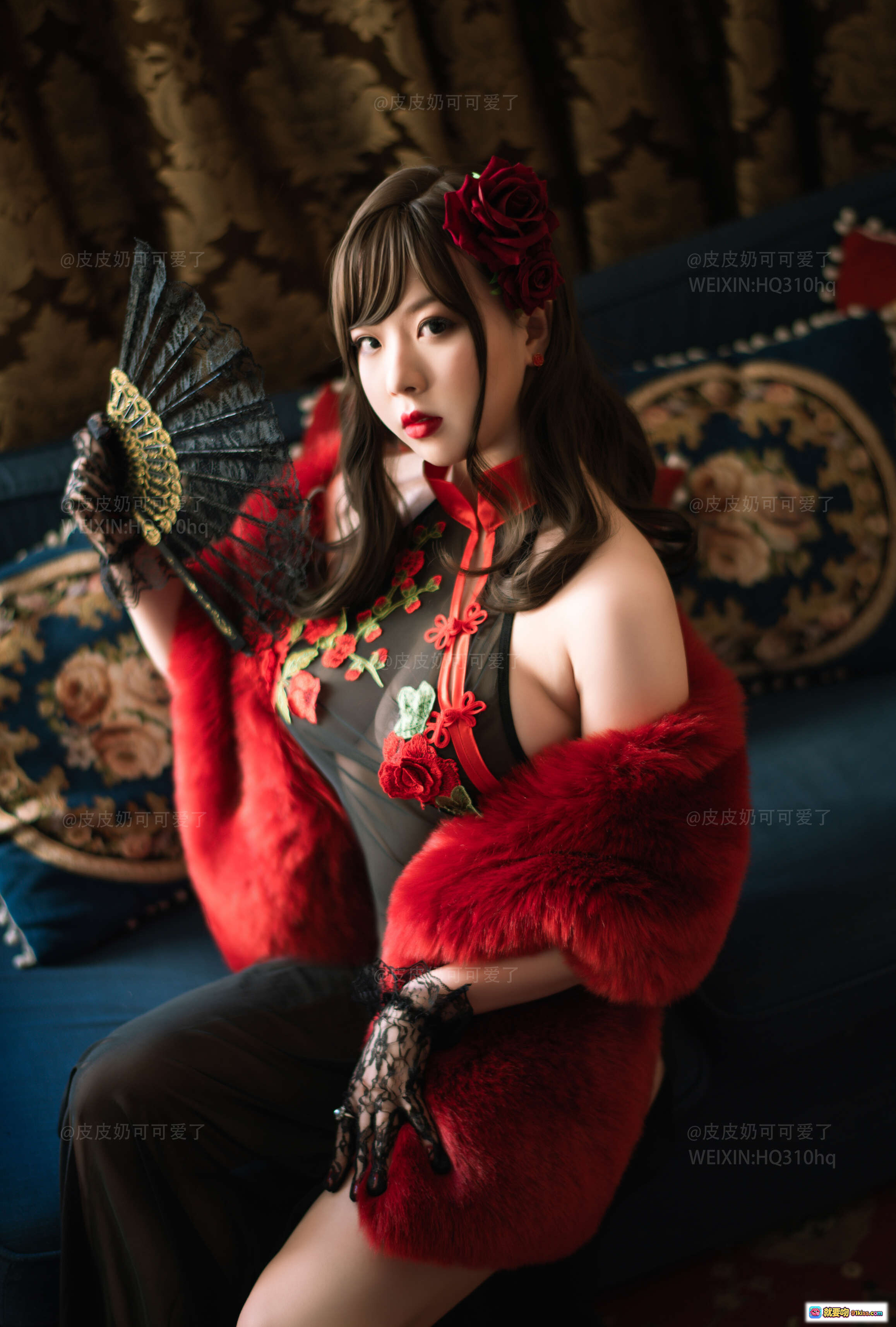 图片[8] - 皮皮奶NO.022玫瑰主题写真｜黑色蕾丝旗袍高开叉设计｜红色花朵刺绣点缀｜优雅性感私房摄影50P高清图集 - 就要吻