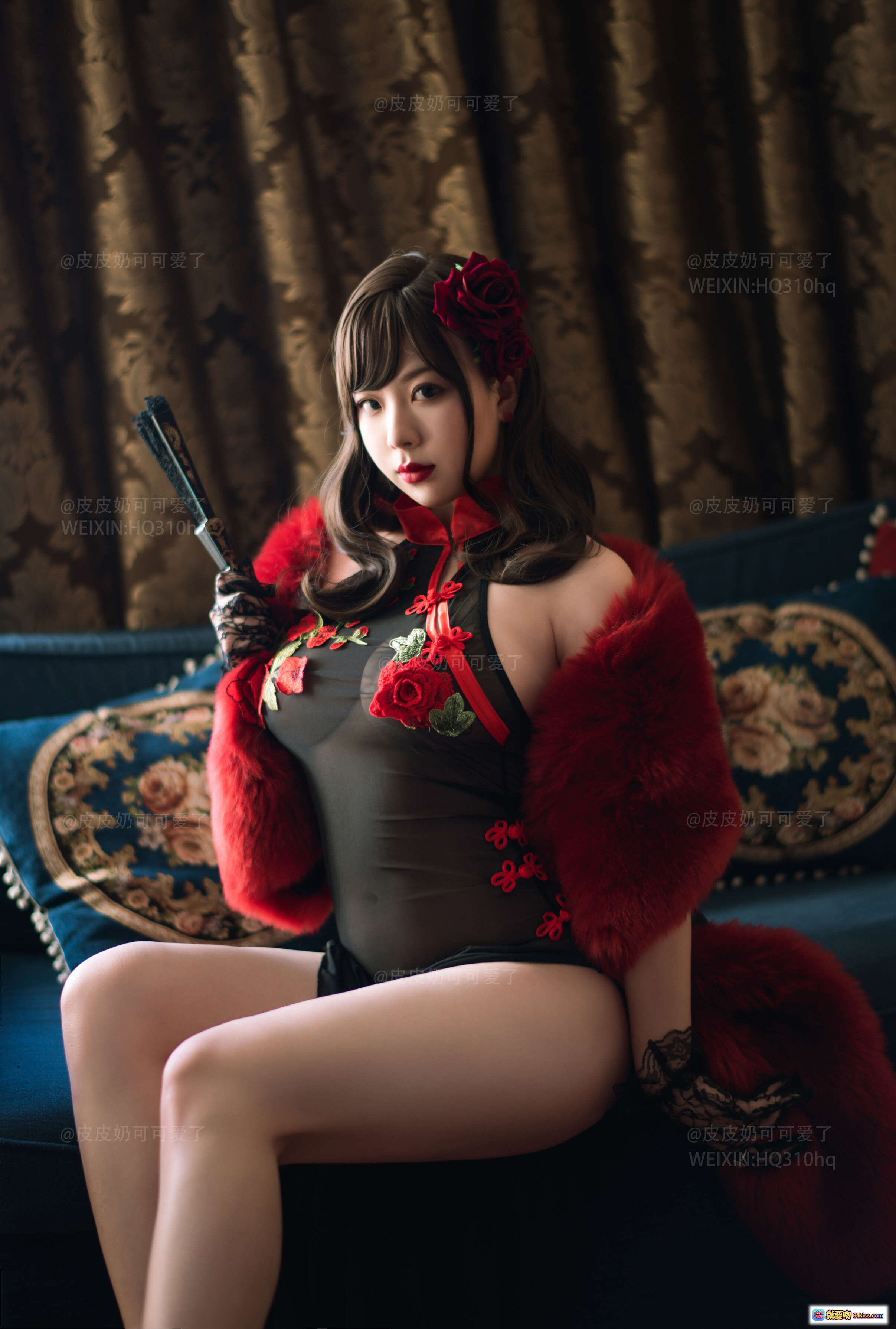 图片[5] - 皮皮奶NO.022玫瑰主题写真｜黑色蕾丝旗袍高开叉设计｜红色花朵刺绣点缀｜优雅性感私房摄影50P高清图集 - 就要吻