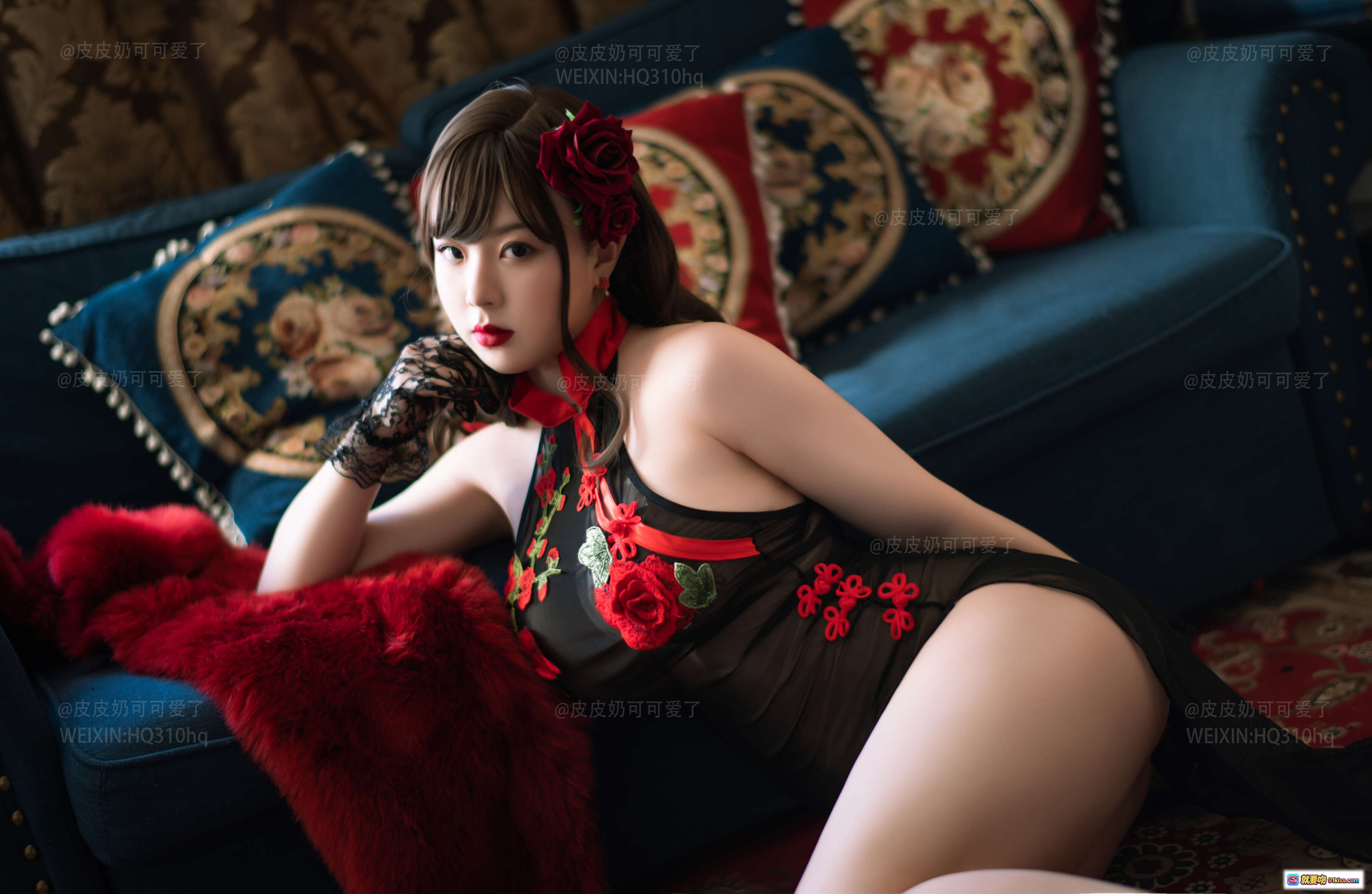 图片[9] - 皮皮奶NO.022玫瑰主题写真｜黑色蕾丝旗袍高开叉设计｜红色花朵刺绣点缀｜优雅性感私房摄影50P高清图集 - 就要吻