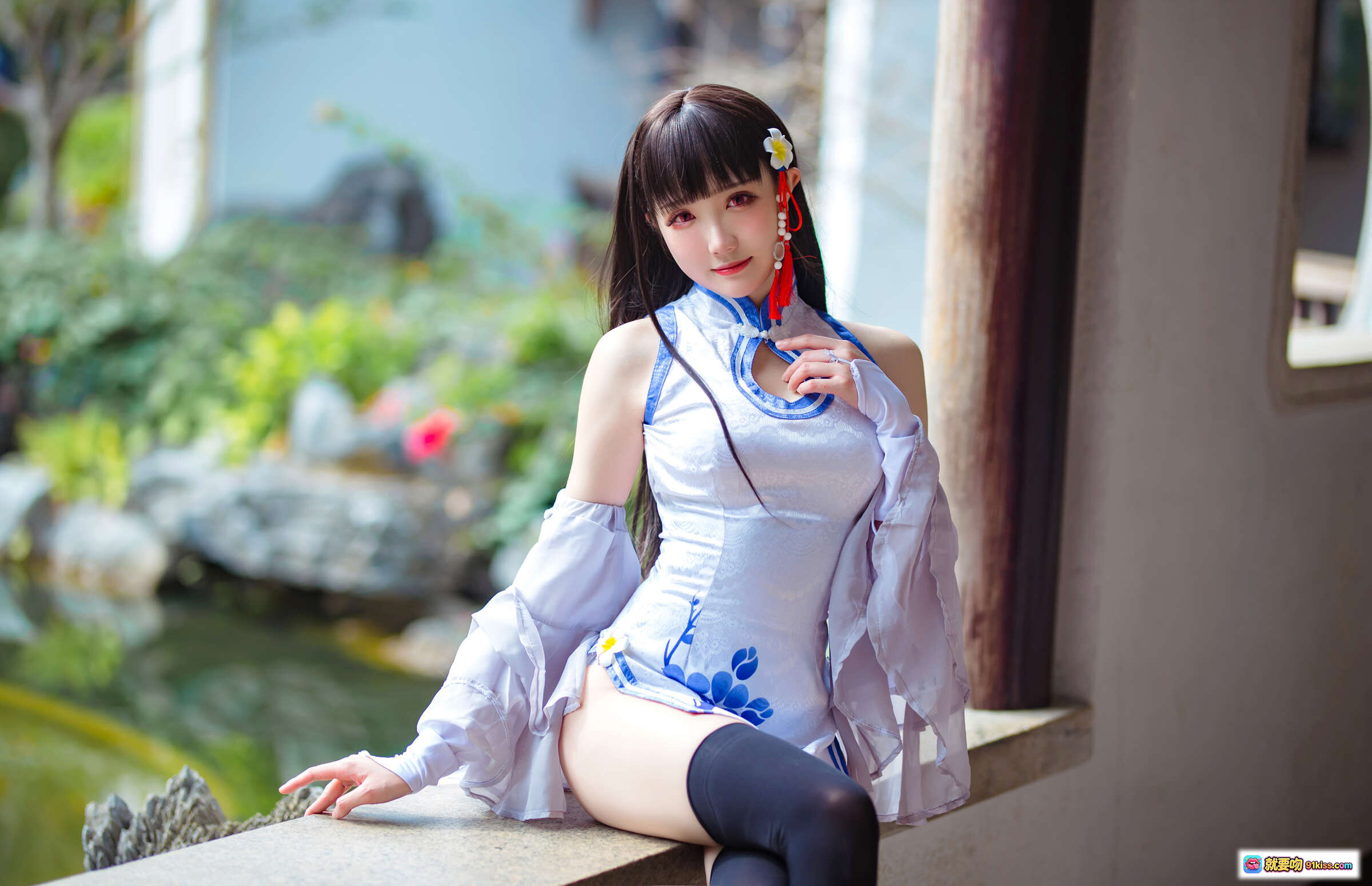 图片[6] - 瓜希酱NO.035碧蓝航线逸仙cosplay写真 | 蓝色旗袍黑丝美腿户外坐姿优雅摆拍 - 就要吻