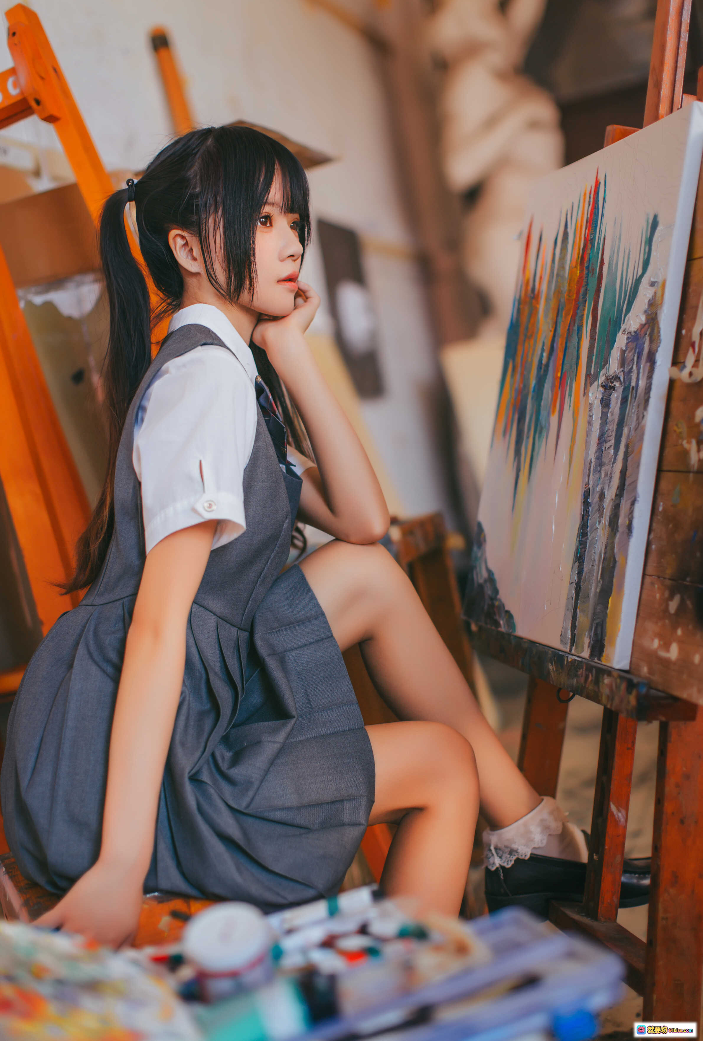 图片[4] - 桜桃喵画室少女写真 | 日系校服双马尾 | 艺术绘画场景 | 清新甜美风格 | 17P高清图集 - 就要吻