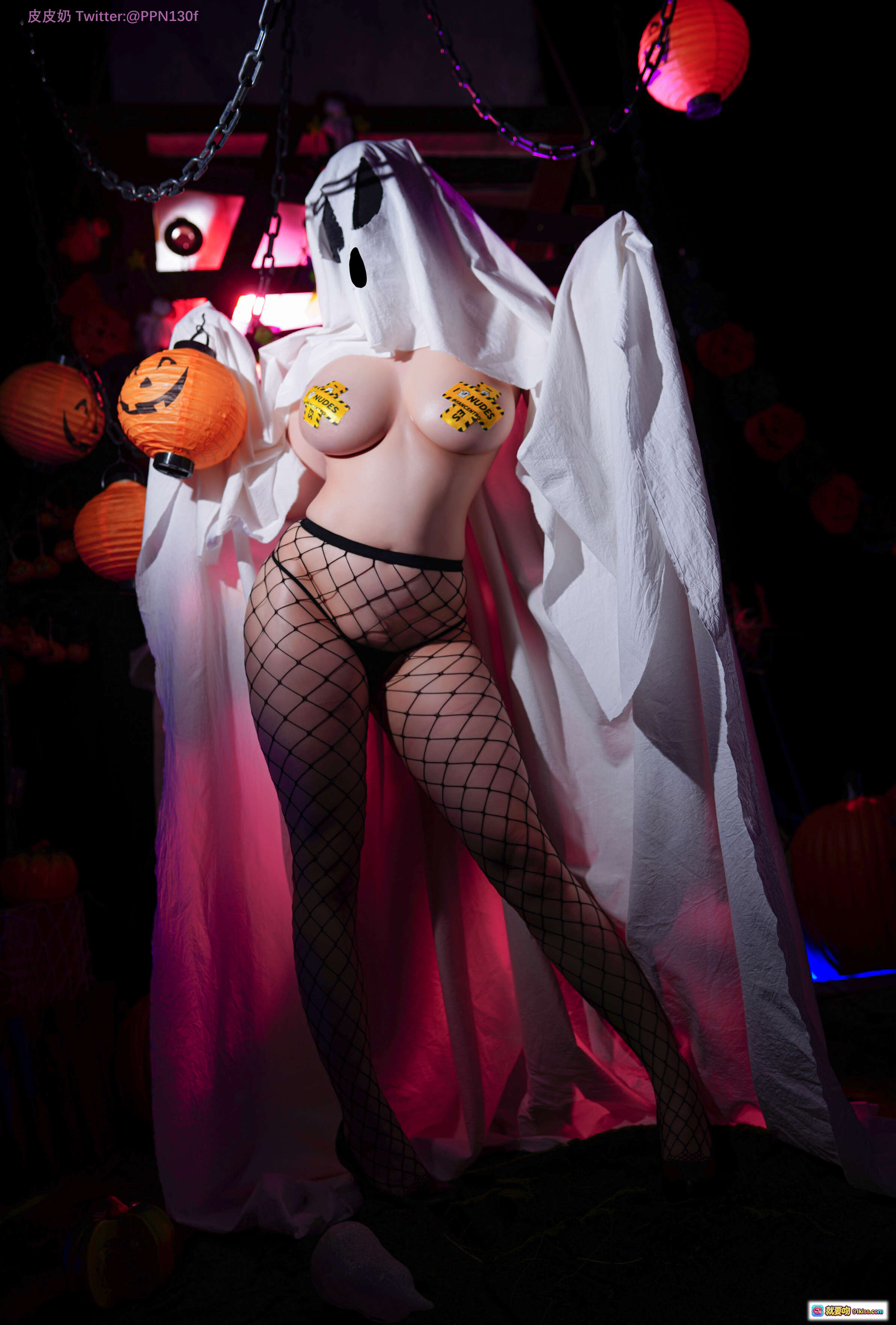 图片[3] - 皮皮奶万圣节幽灵写真NO.032 | 白纱幽灵装+渔网袜+南瓜灯氛围 | 68P高清摄影集 - 就要吻