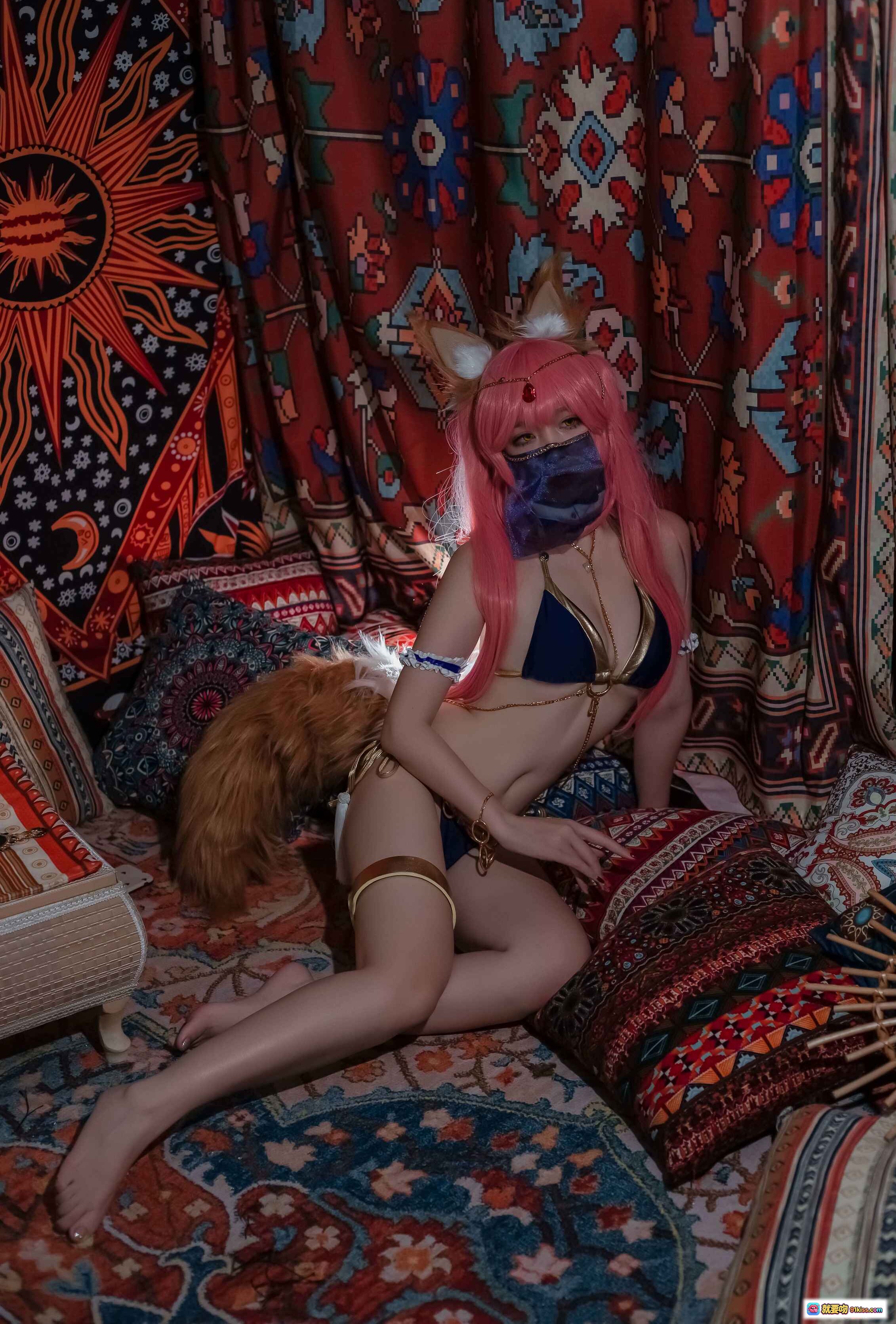 二佐Nisa NO.088 玉藻前舞娘Cosplay 粉发狐耳蓝面纱异域风写真 22P高清图集 - 就要吻