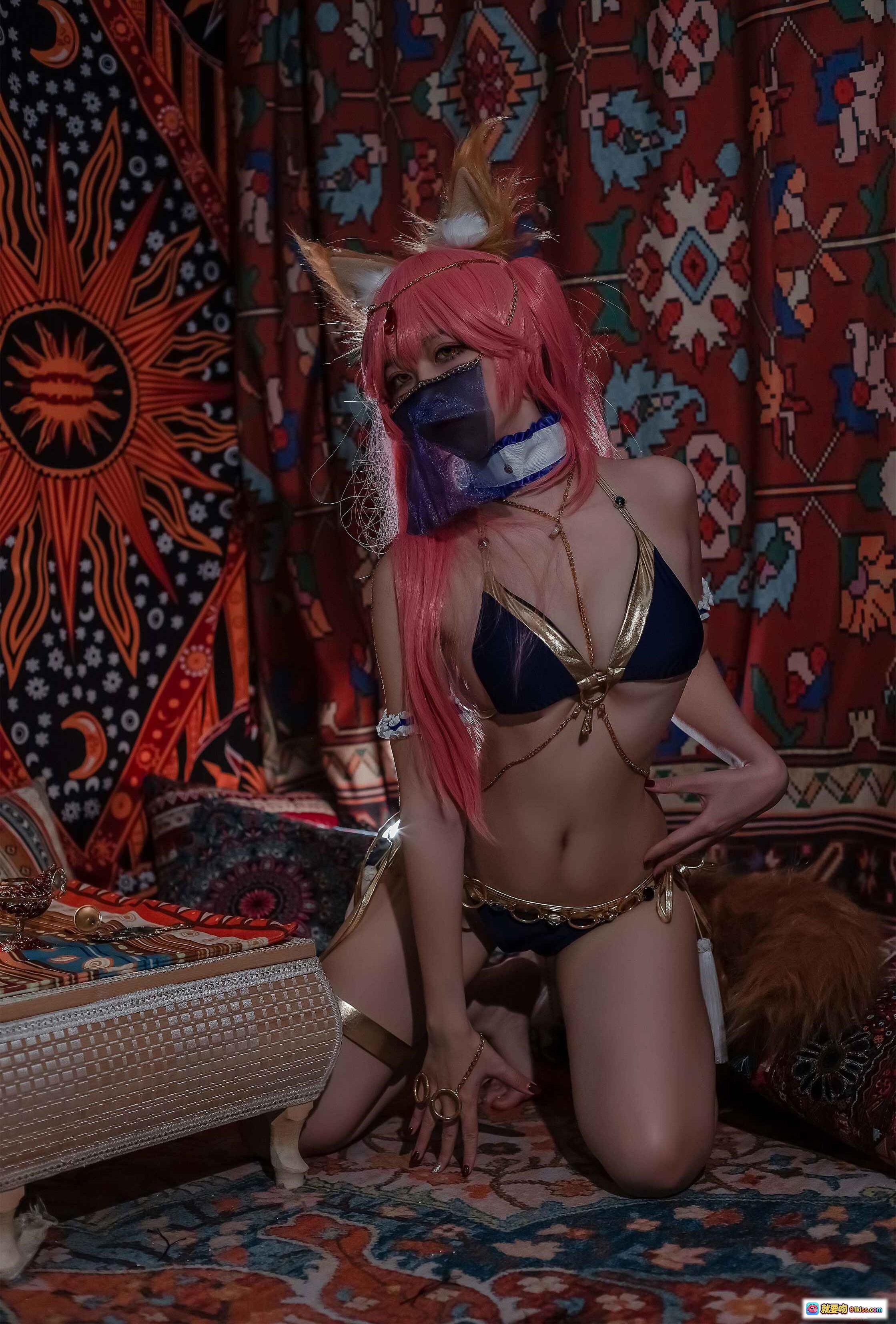 图片[10] - 二佐Nisa NO.088 玉藻前舞娘Cosplay 粉发狐耳蓝面纱异域风写真 22P高清图集 - 就要吻