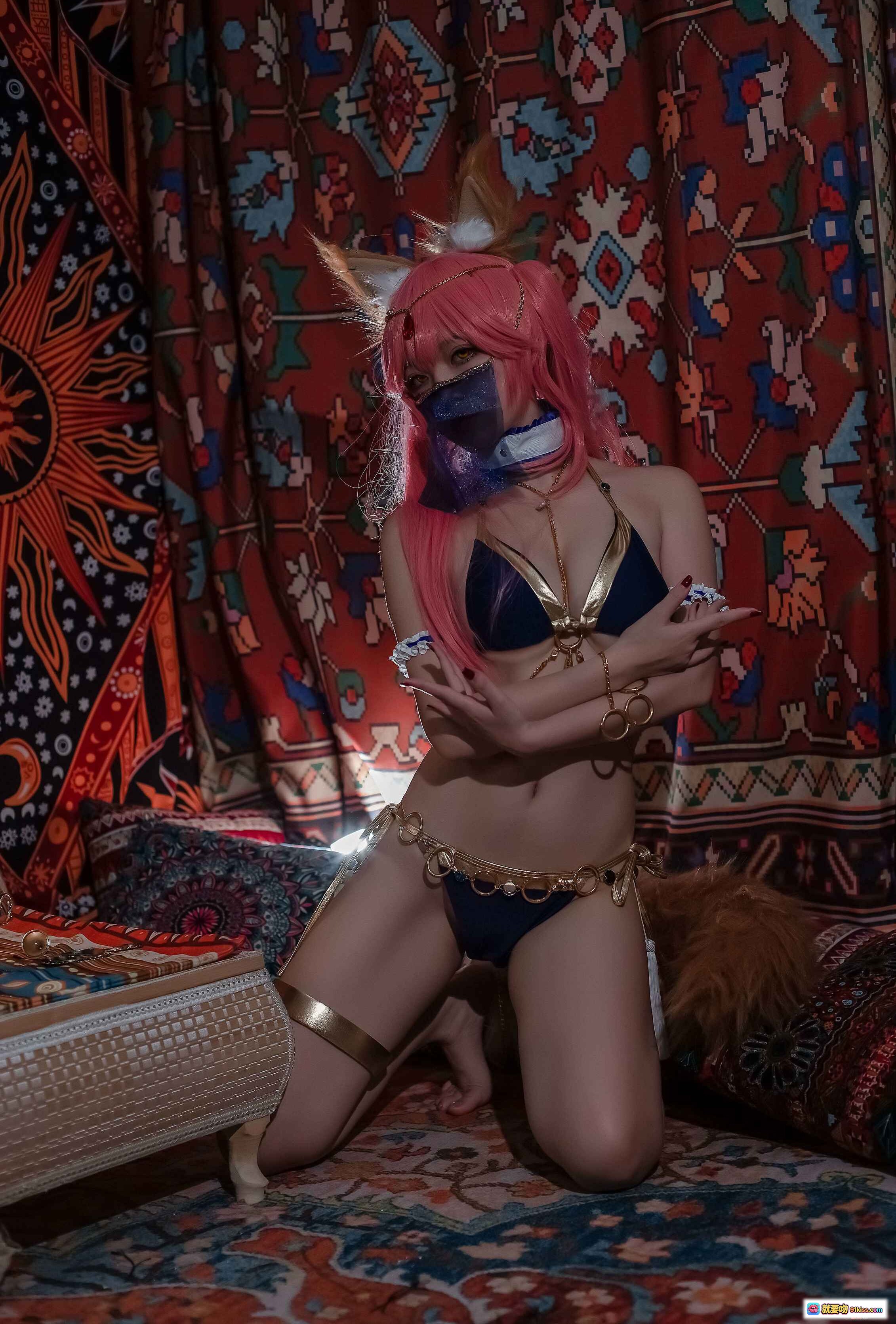 图片[6] - 二佐Nisa NO.088 玉藻前舞娘Cosplay 粉发狐耳蓝面纱异域风写真 22P高清图集 - 就要吻