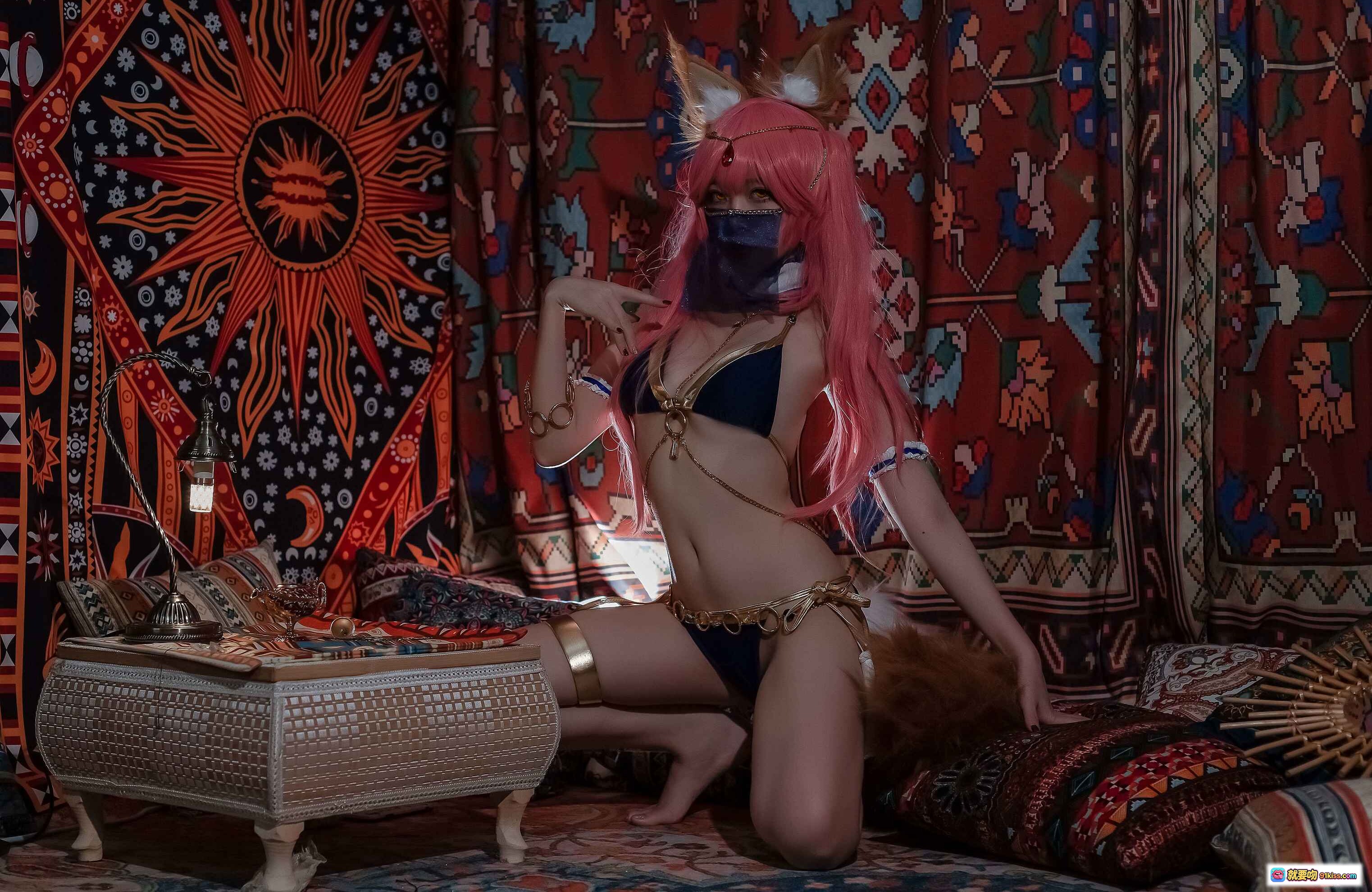 图片[8] - 二佐Nisa NO.088 玉藻前舞娘Cosplay 粉发狐耳蓝面纱异域风写真 22P高清图集 - 就要吻