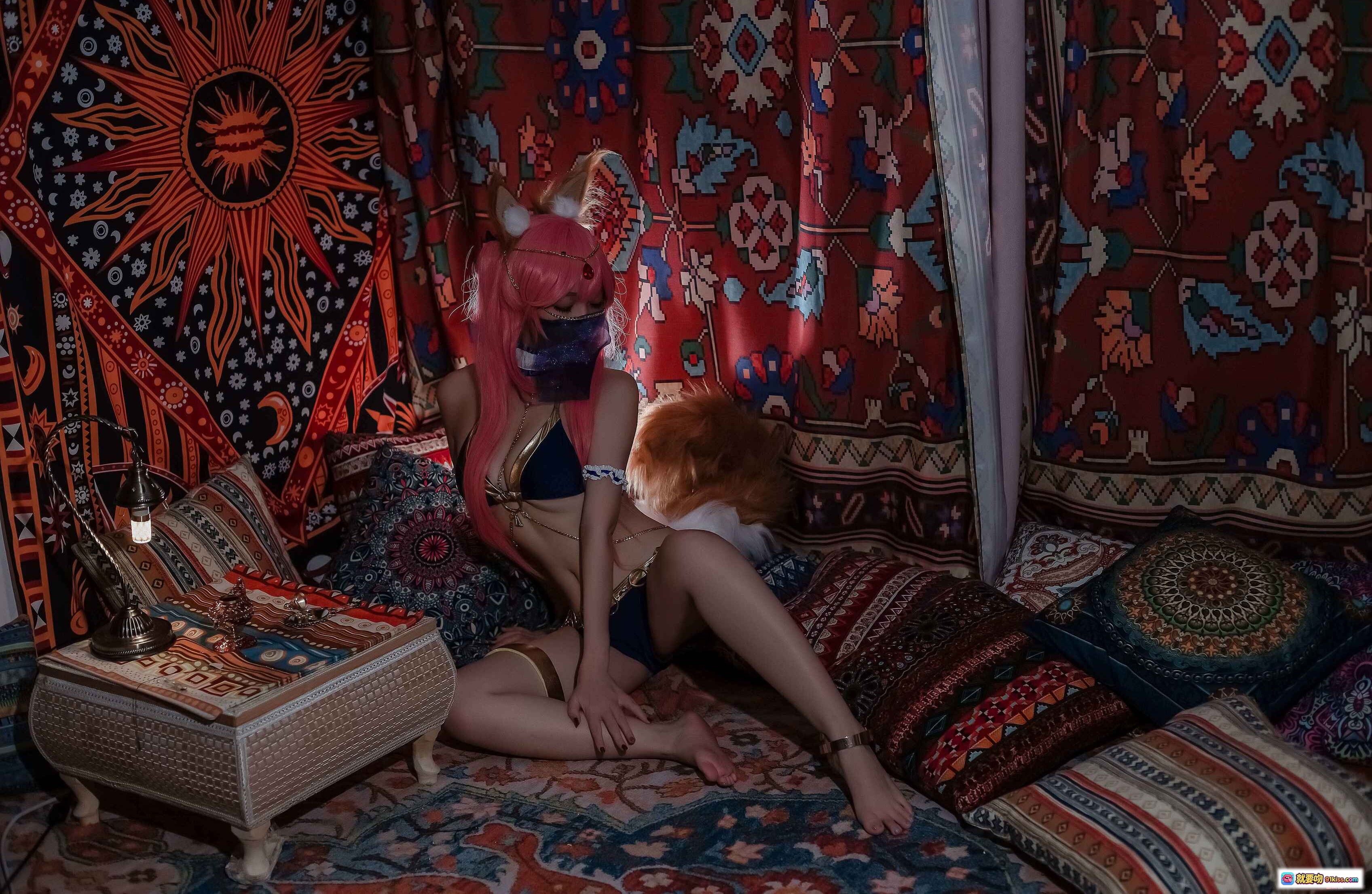 图片[4] - 二佐Nisa NO.088 玉藻前舞娘Cosplay 粉发狐耳蓝面纱异域风写真 22P高清图集 - 就要吻