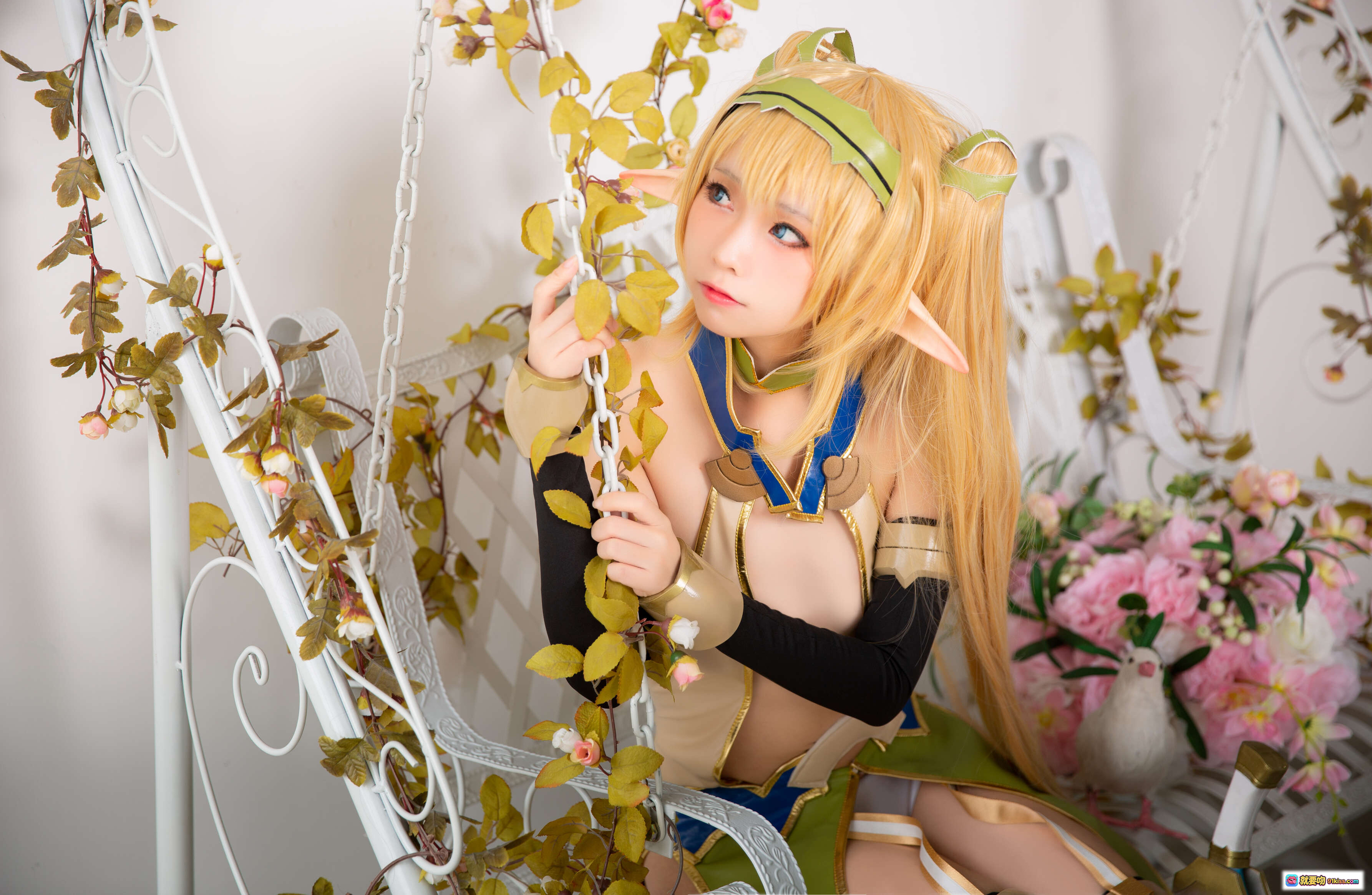 图片[8] - G44不会受伤NO.025精灵村cosplay写真-金发精灵耳少女白笼中躺卧黑丝高跟美腿诱惑 - 就要吻