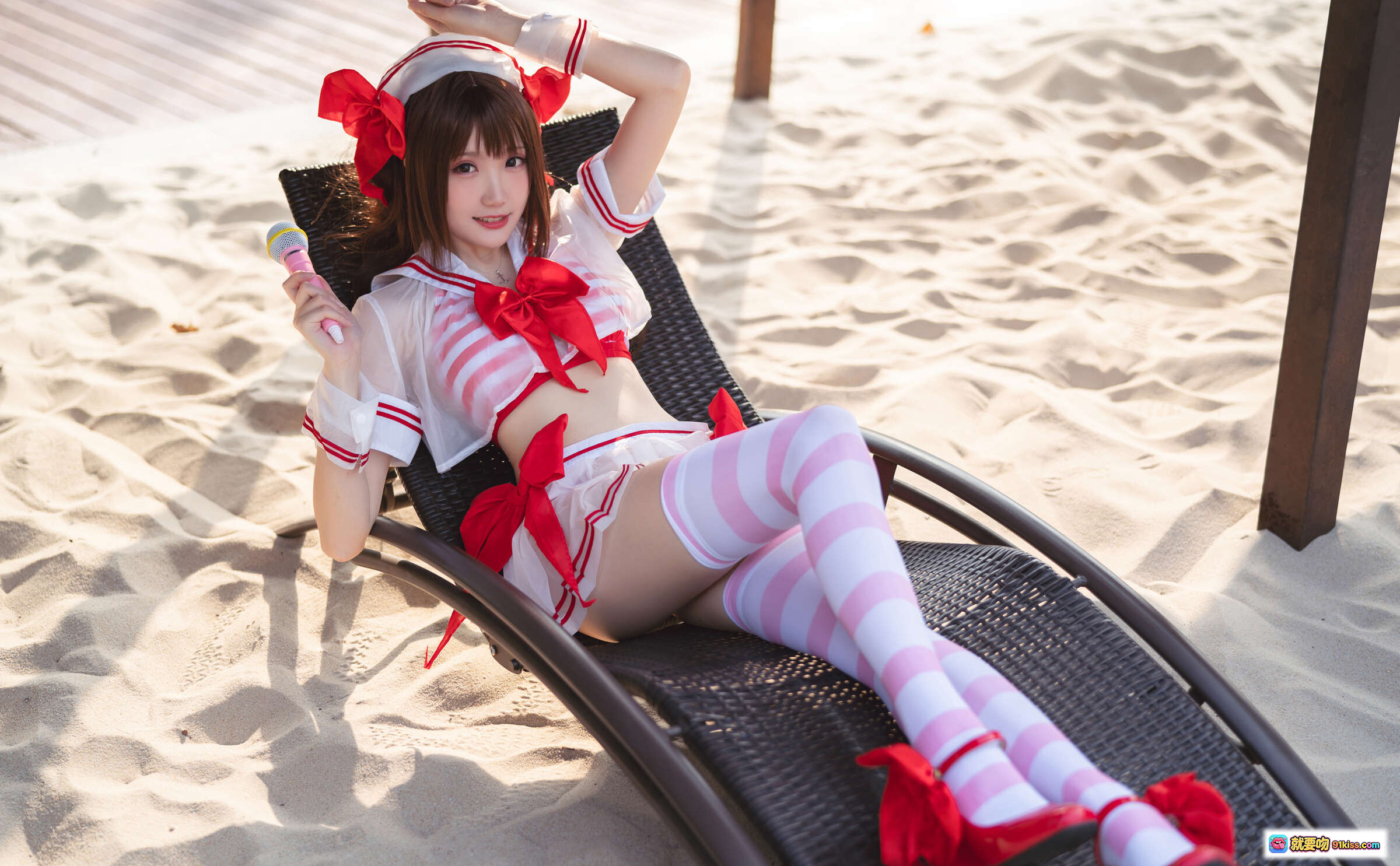 图片[9] - 瓜希酱NO.010岛村卯月泳衣写真 Cosplay红白条纹少女泳装户外池边美拍30P高清图集 - 就要吻