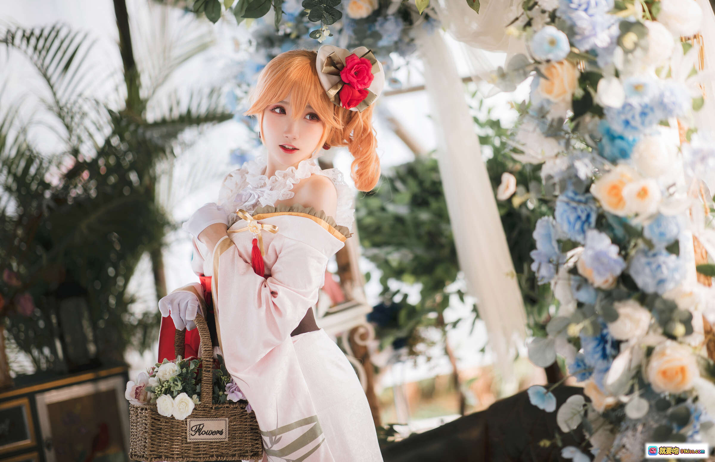 图片[6] - 瓜希酱NO.029碧蓝航线黎塞留和服Cosplay写真·日系少女风·精致花饰头饰·红白配色和风裙装·复古沙发绿植背景·高清22P美图 - 就要吻