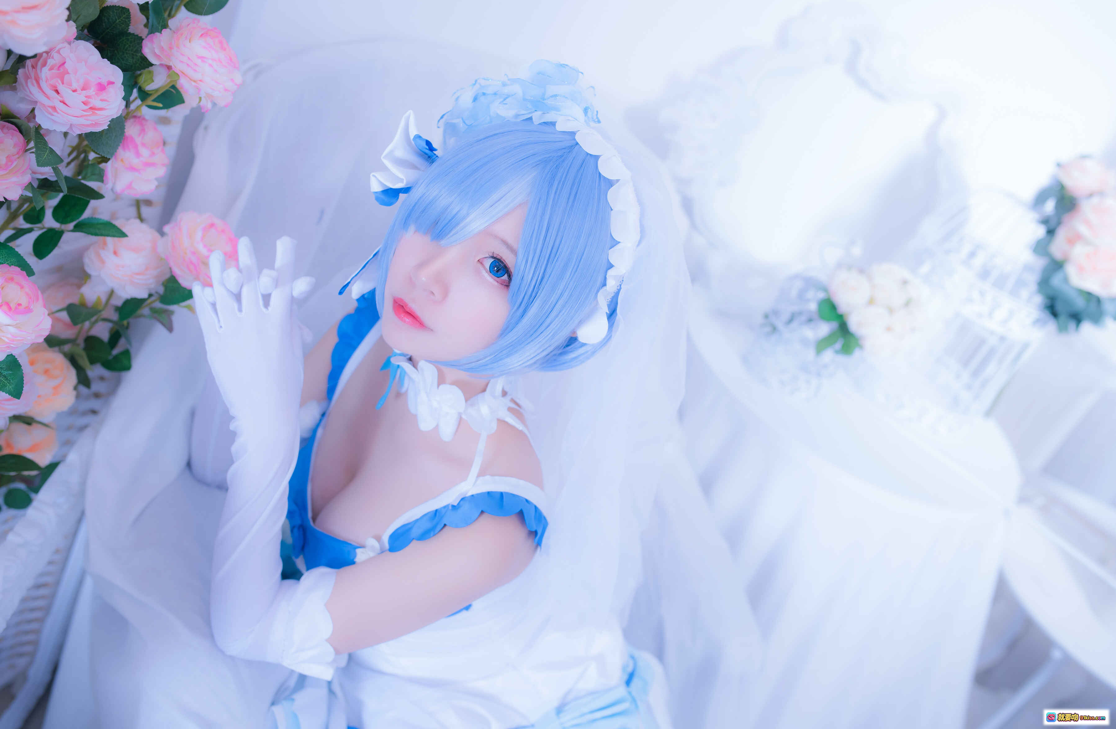 图片[6] - 二佐Nisa NO.034 雷姆花嫁cosplay 白蓝婚纱少女 甜美洛丽塔风 室内花艺布景 高跟白丝写真 33P高清图集 - 就要吻