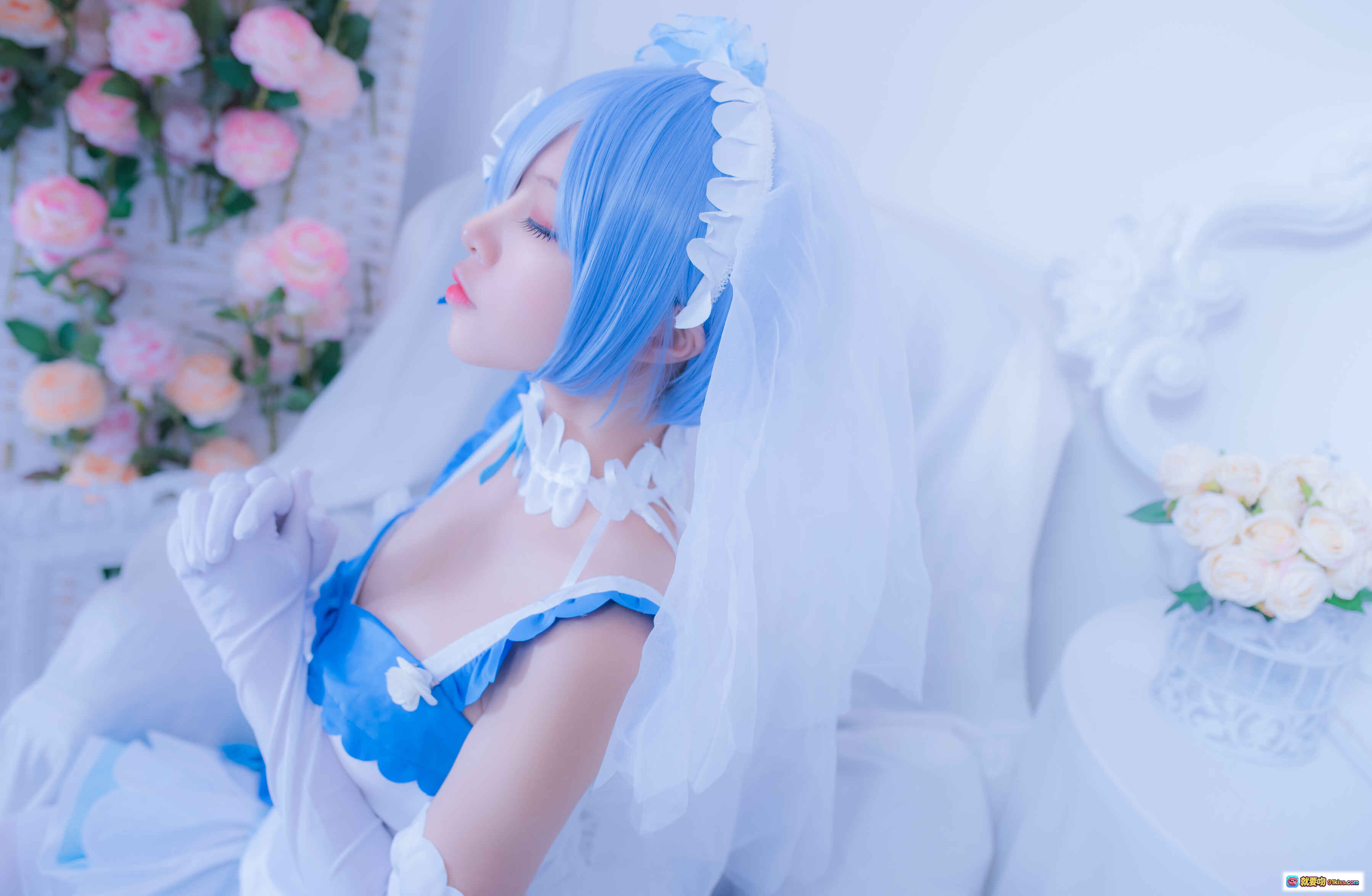 图片[9] - 二佐Nisa NO.034 雷姆花嫁cosplay 白蓝婚纱少女 甜美洛丽塔风 室内花艺布景 高跟白丝写真 33P高清图集 - 就要吻