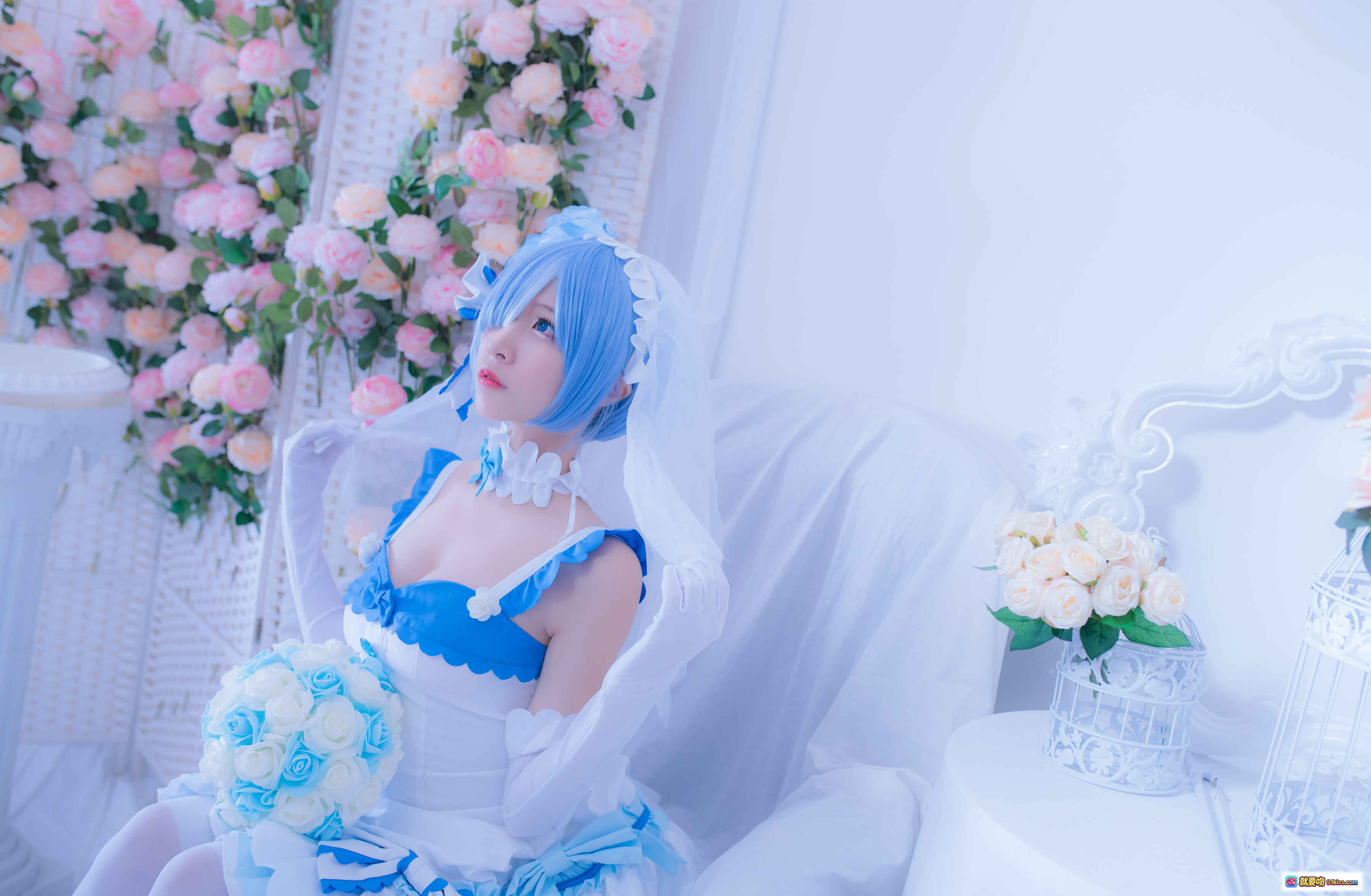 图片[4] - 二佐Nisa NO.034 雷姆花嫁cosplay 白蓝婚纱少女 甜美洛丽塔风 室内花艺布景 高跟白丝写真 33P高清图集 - 就要吻