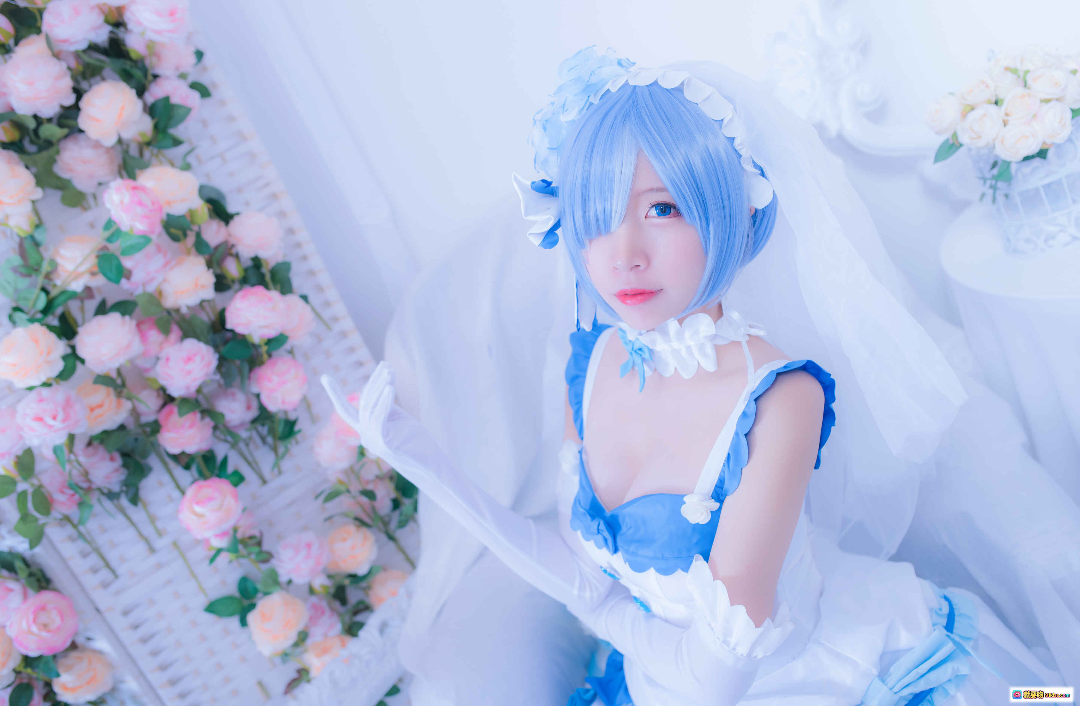 图片[2] - 二佐Nisa NO.034 雷姆花嫁cosplay 白蓝婚纱少女 甜美洛丽塔风 室内花艺布景 高跟白丝写真 33P高清图集 - 就要吻
