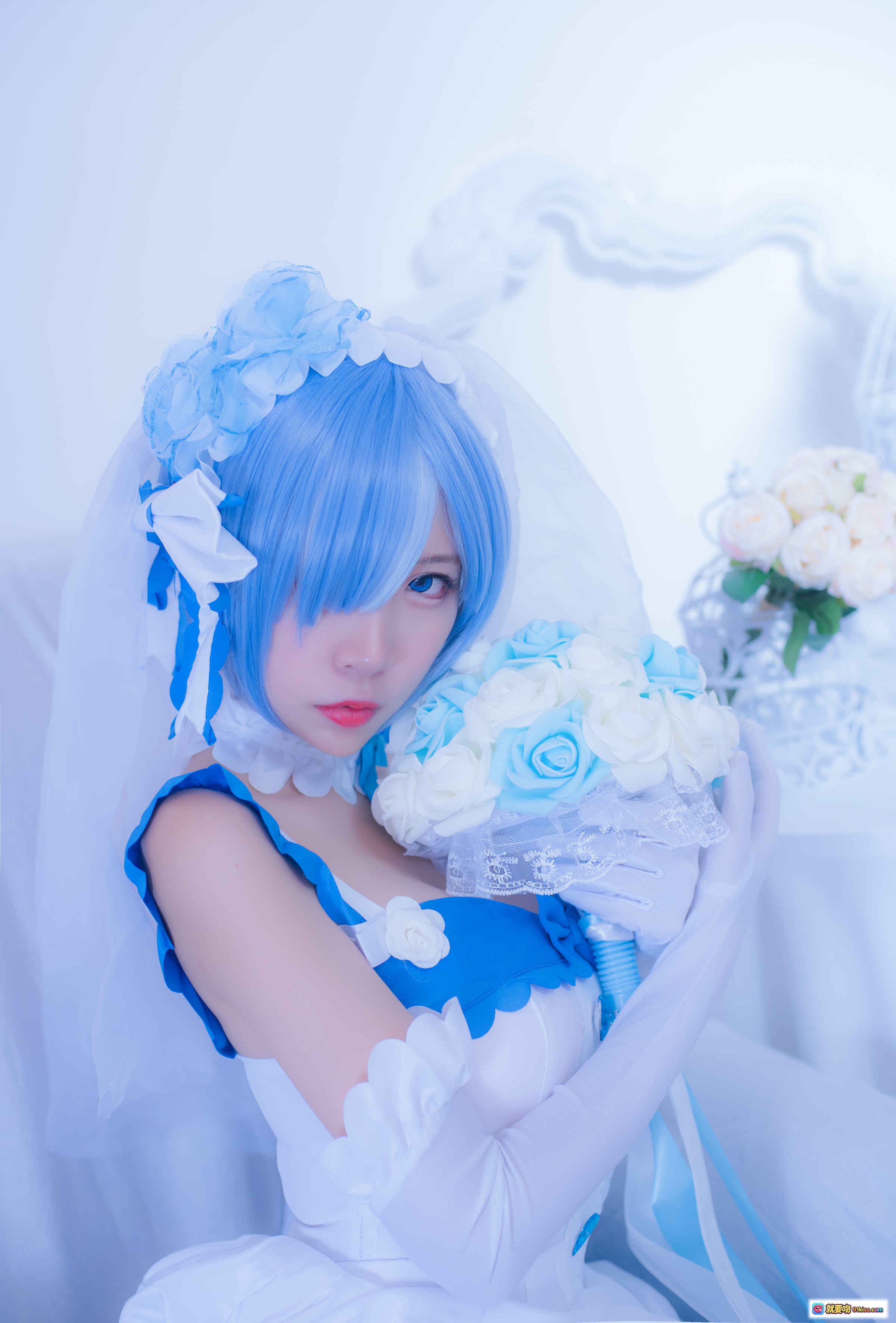 图片[7] - 二佐Nisa NO.034 雷姆花嫁cosplay 白蓝婚纱少女 甜美洛丽塔风 室内花艺布景 高跟白丝写真 33P高清图集 - 就要吻