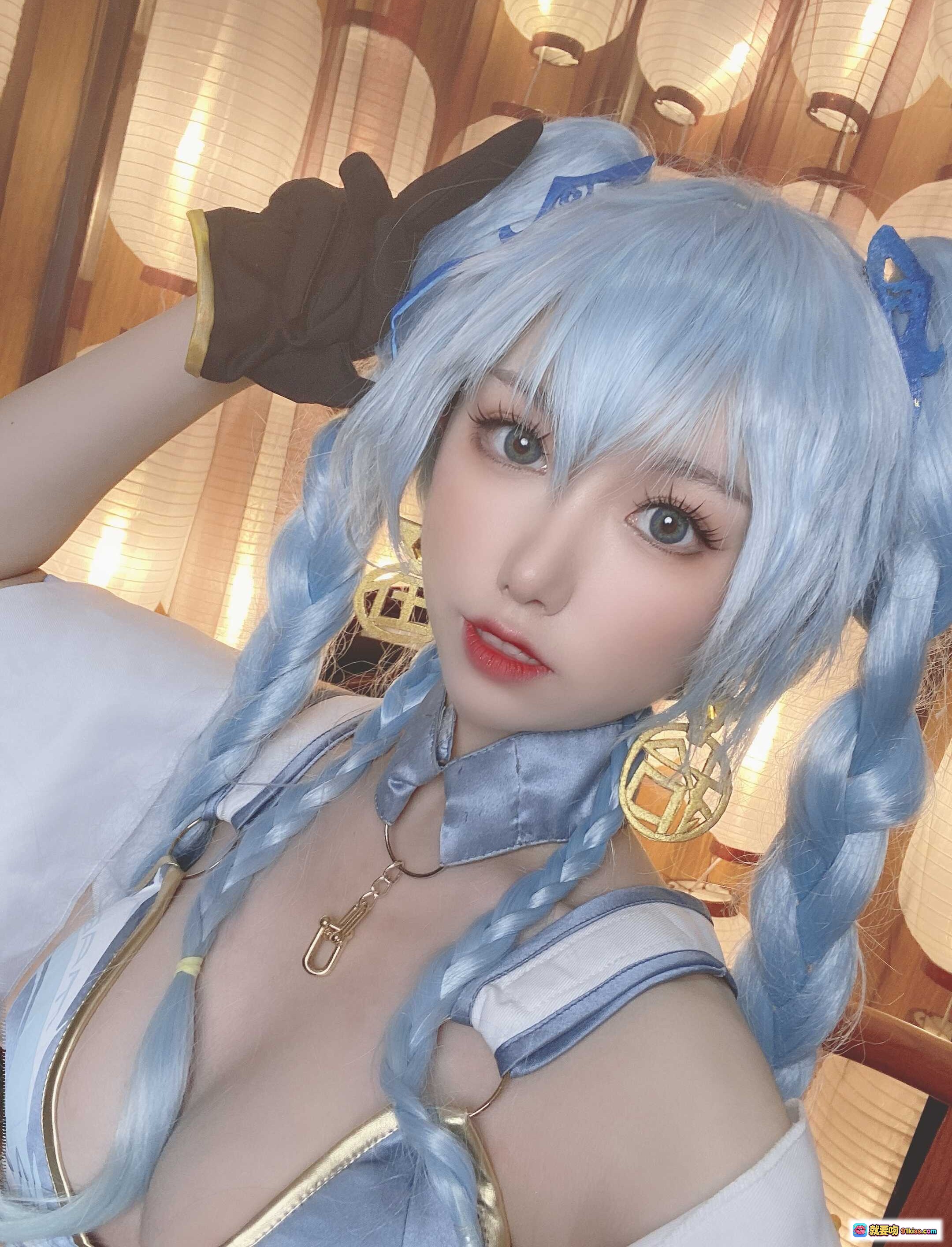 图片[10] - 芋圆侑子NO.016 PA15自拍写真 29P高清美图 蓝发双马尾cosplay 白色丝袜镂空设计 优雅坐姿私房照 - 就要吻