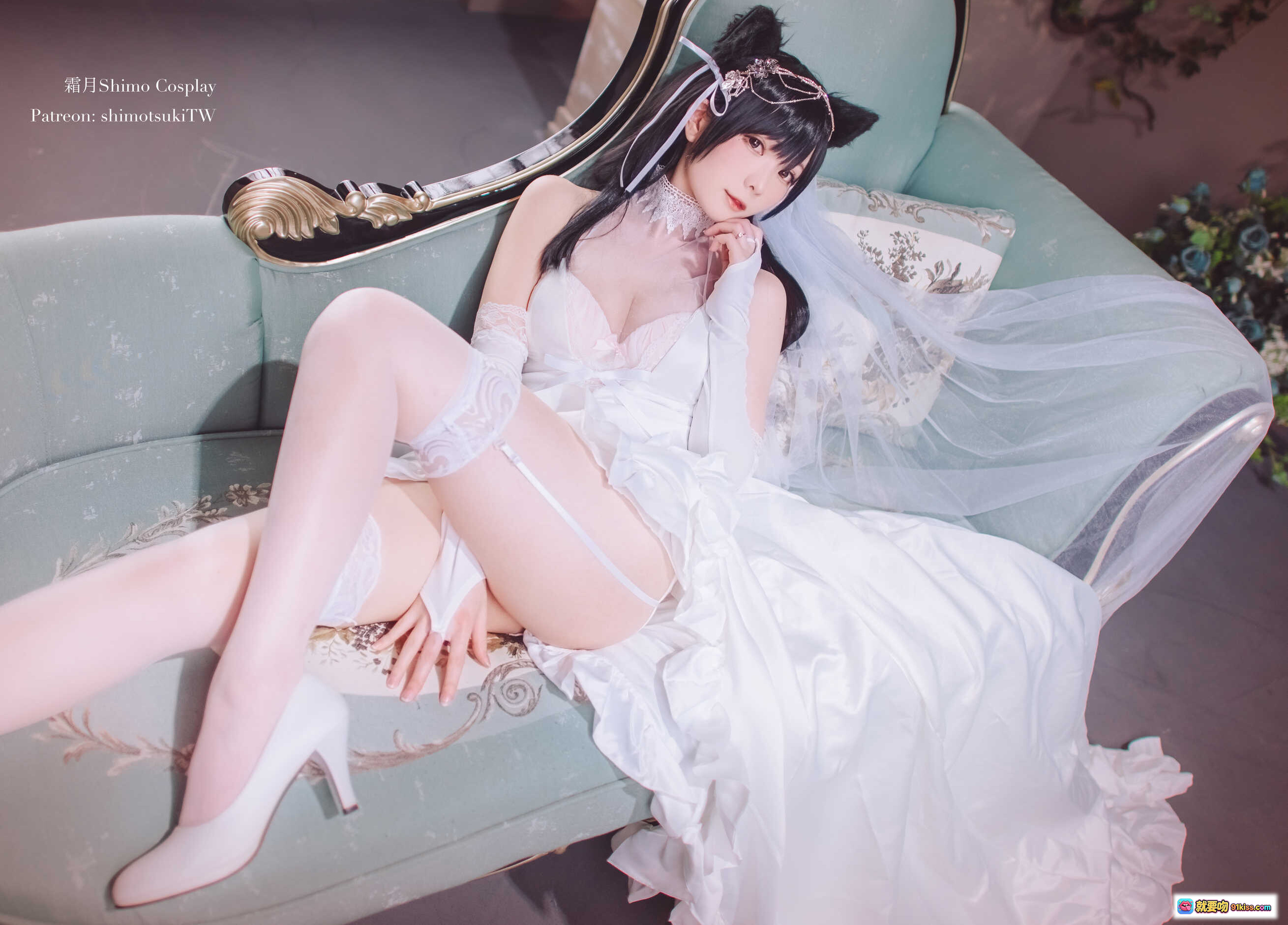 图片[7] - 霜月Shimo NO.032 爱宕 Cosplay 白色蕾丝婚纱猫耳写真 优雅坐姿高跟美腿 21P高清图集 - 就要吻