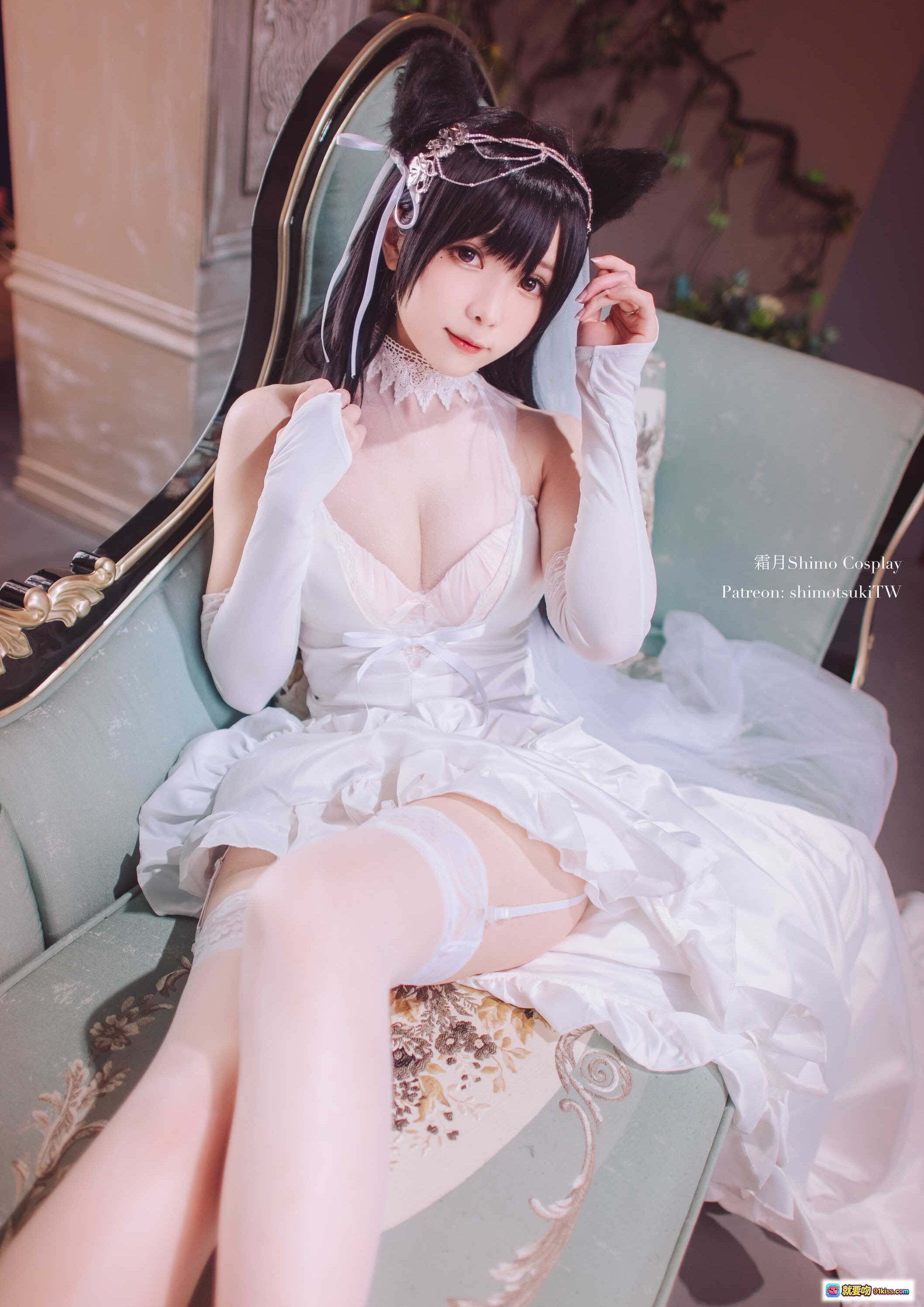 图片[9] - 霜月Shimo NO.032 爱宕 Cosplay 白色蕾丝婚纱猫耳写真 优雅坐姿高跟美腿 21P高清图集 - 就要吻