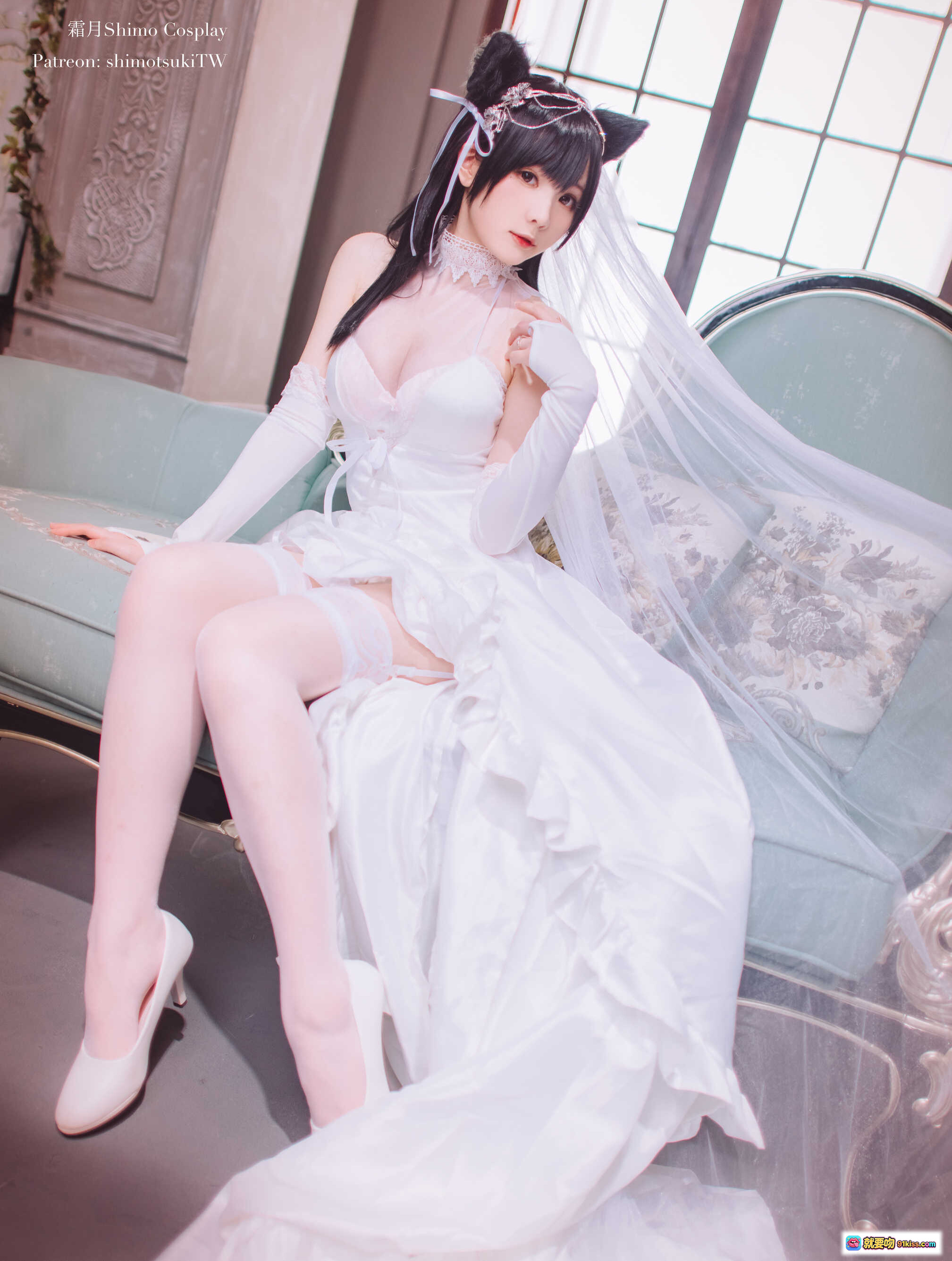 图片[8] - 霜月Shimo NO.032 爱宕 Cosplay 白色蕾丝婚纱猫耳写真 优雅坐姿高跟美腿 21P高清图集 - 就要吻