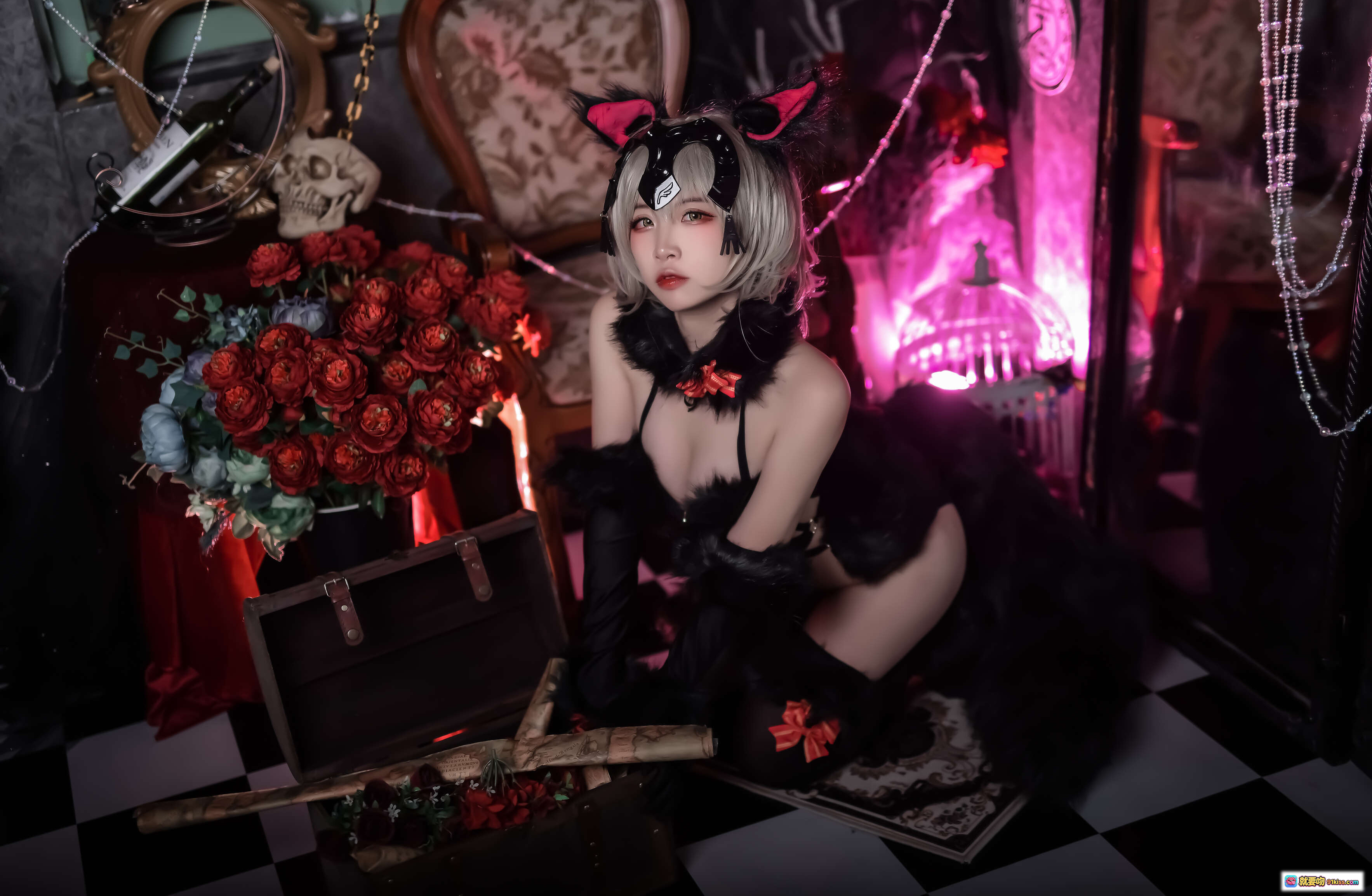 图片[4] - 二佐Nisa NO.006 Fate黑贞万圣节写真 20P 177MB 哥特风黑丝猫耳少女 暗黑系室内摄影 红玫瑰骷髅装饰 复古棋盘格地板 - 就要吻