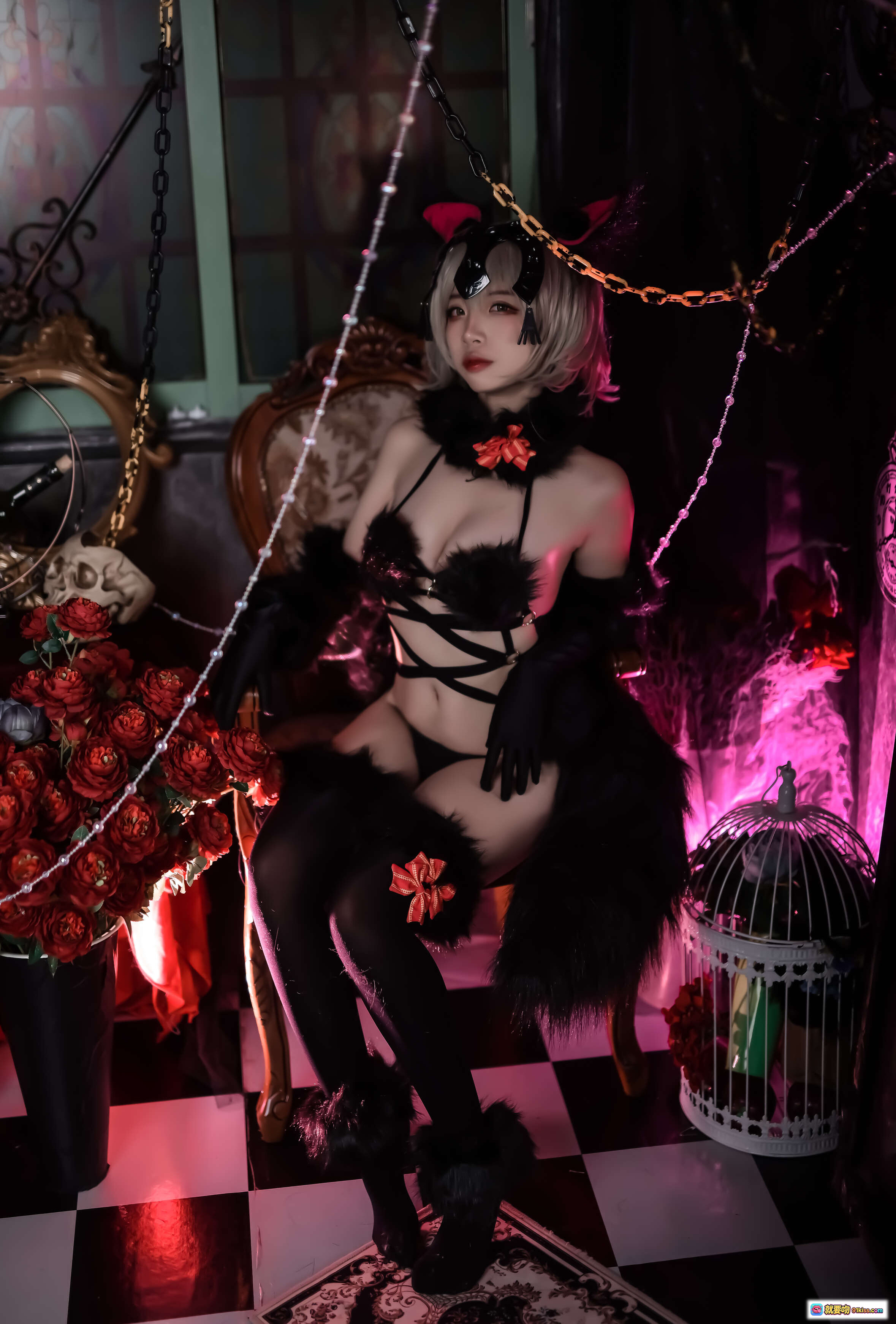 图片[2] - 二佐Nisa NO.006 Fate黑贞万圣节写真 20P 177MB 哥特风黑丝猫耳少女 暗黑系室内摄影 红玫瑰骷髅装饰 复古棋盘格地板 - 就要吻