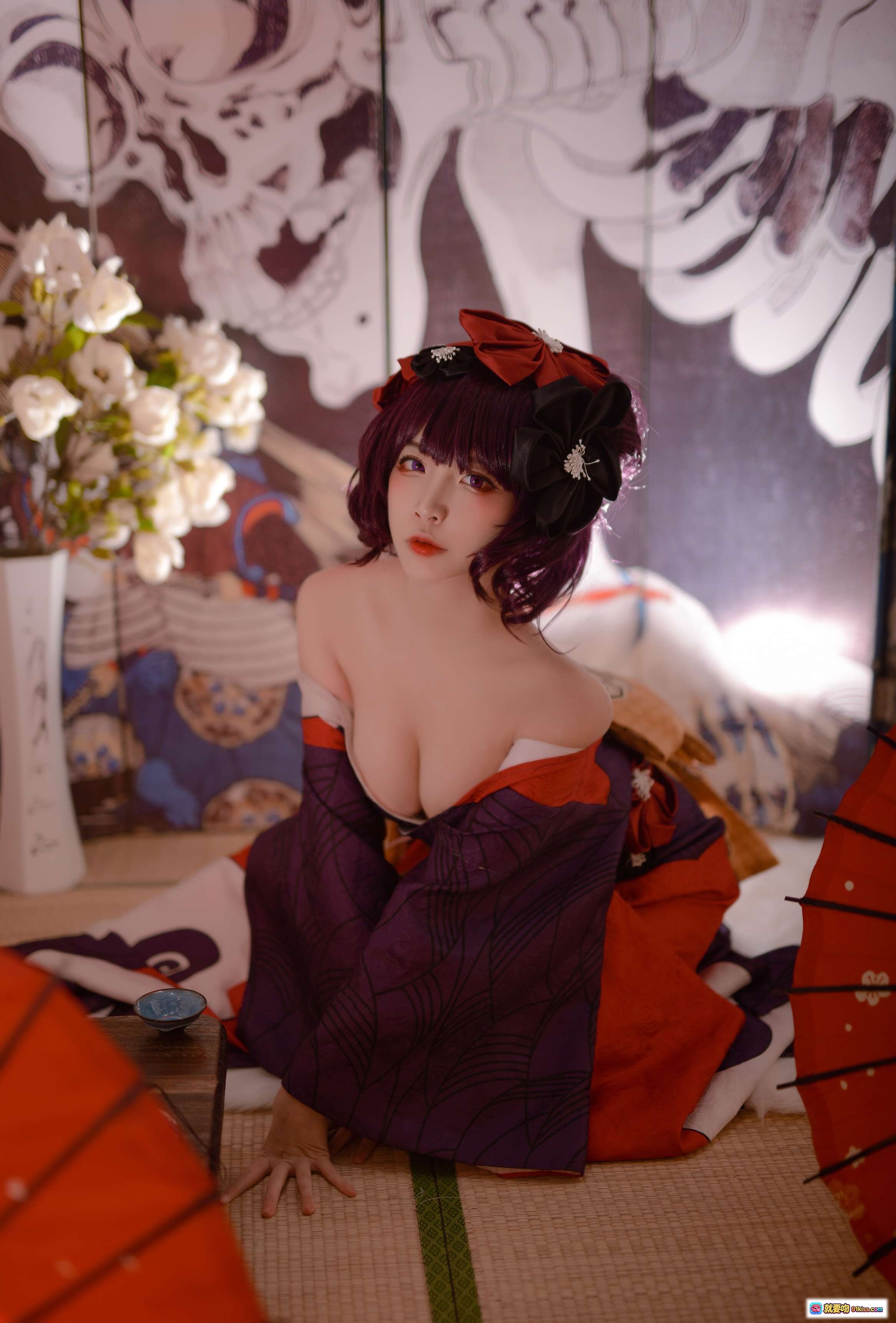 图片[8] - 二佐Nisa NO.001 Fate葛饰北斋和风Cosplay写真 紫发红伞日式屏风美少女摄影集 - 就要吻