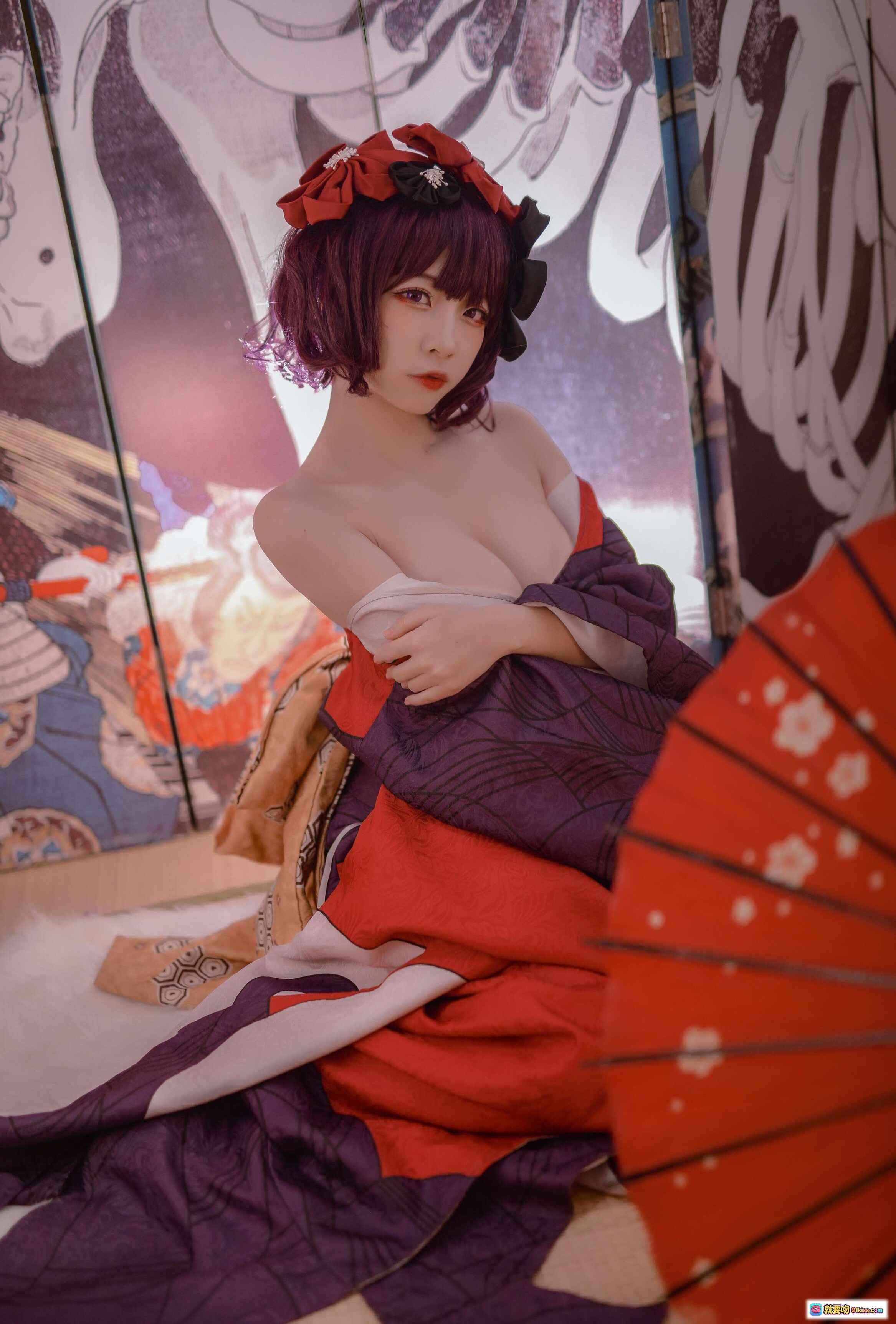 二佐Nisa NO.001 Fate葛饰北斋和风Cosplay写真 紫发红伞日式屏风美少女摄影集 - 就要吻
