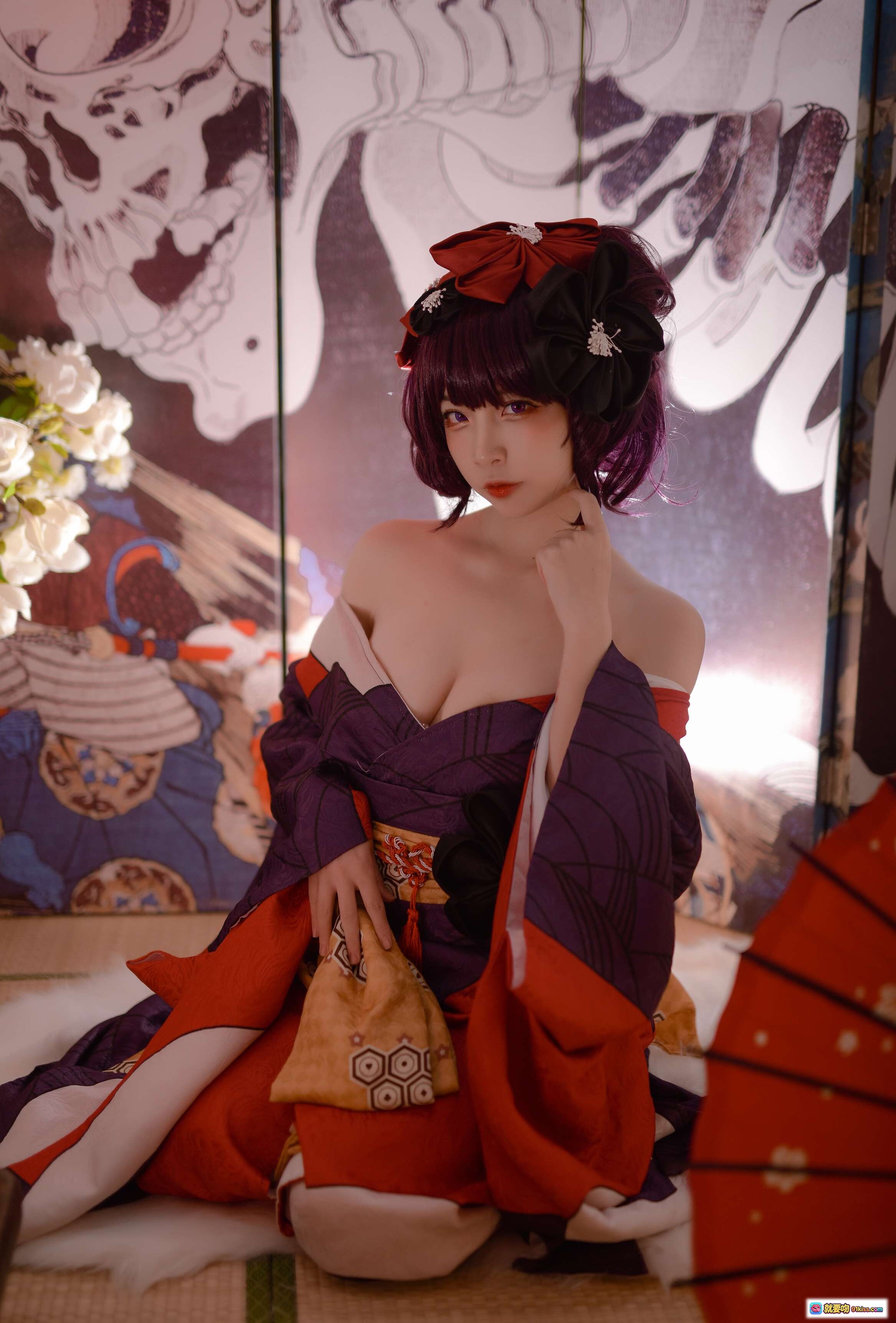 图片[4] - 二佐Nisa NO.001 Fate葛饰北斋和风Cosplay写真 紫发红伞日式屏风美少女摄影集 - 就要吻